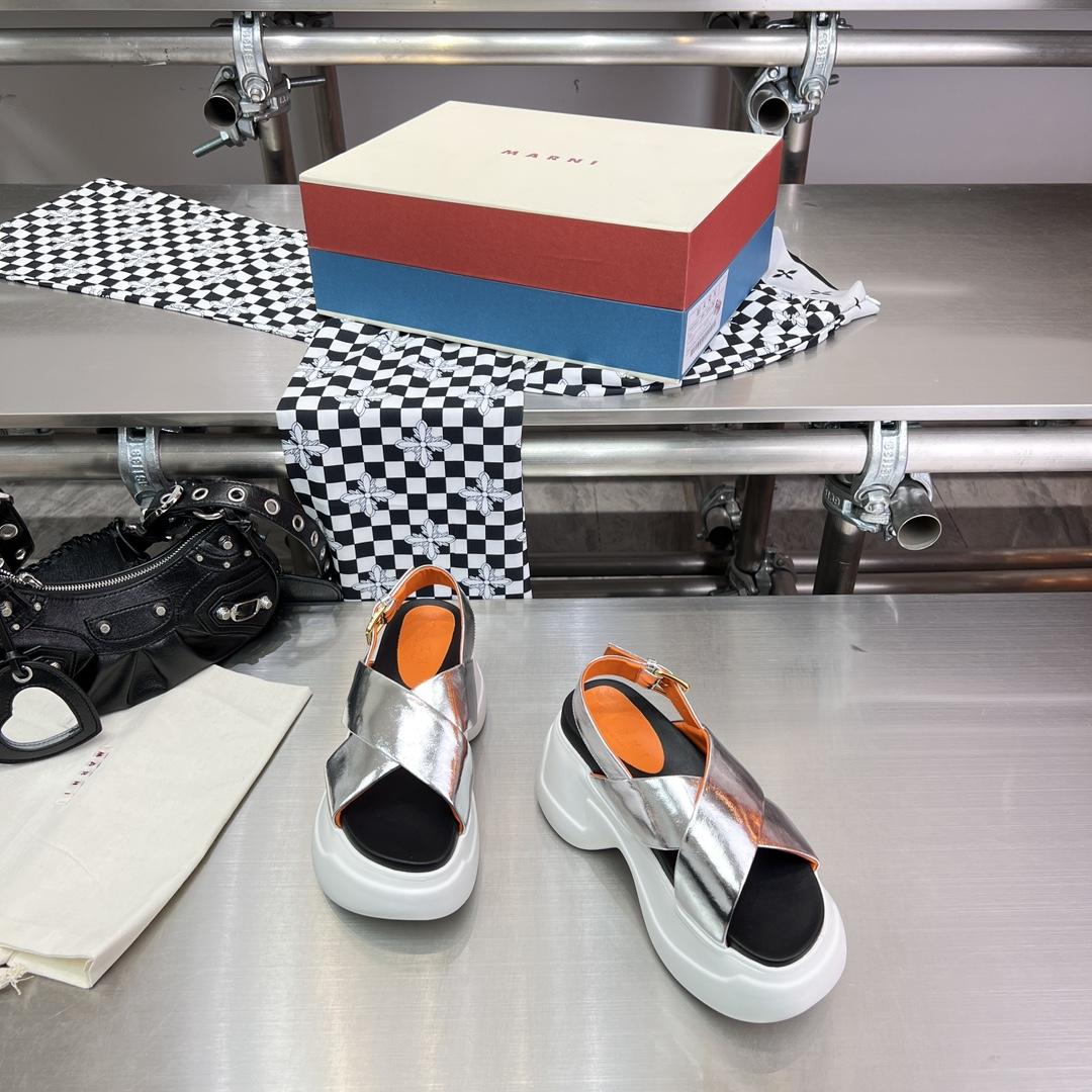 Marni Silver Mirrored Leather Criss-cross Aras 23 Sandal - DopestKickz