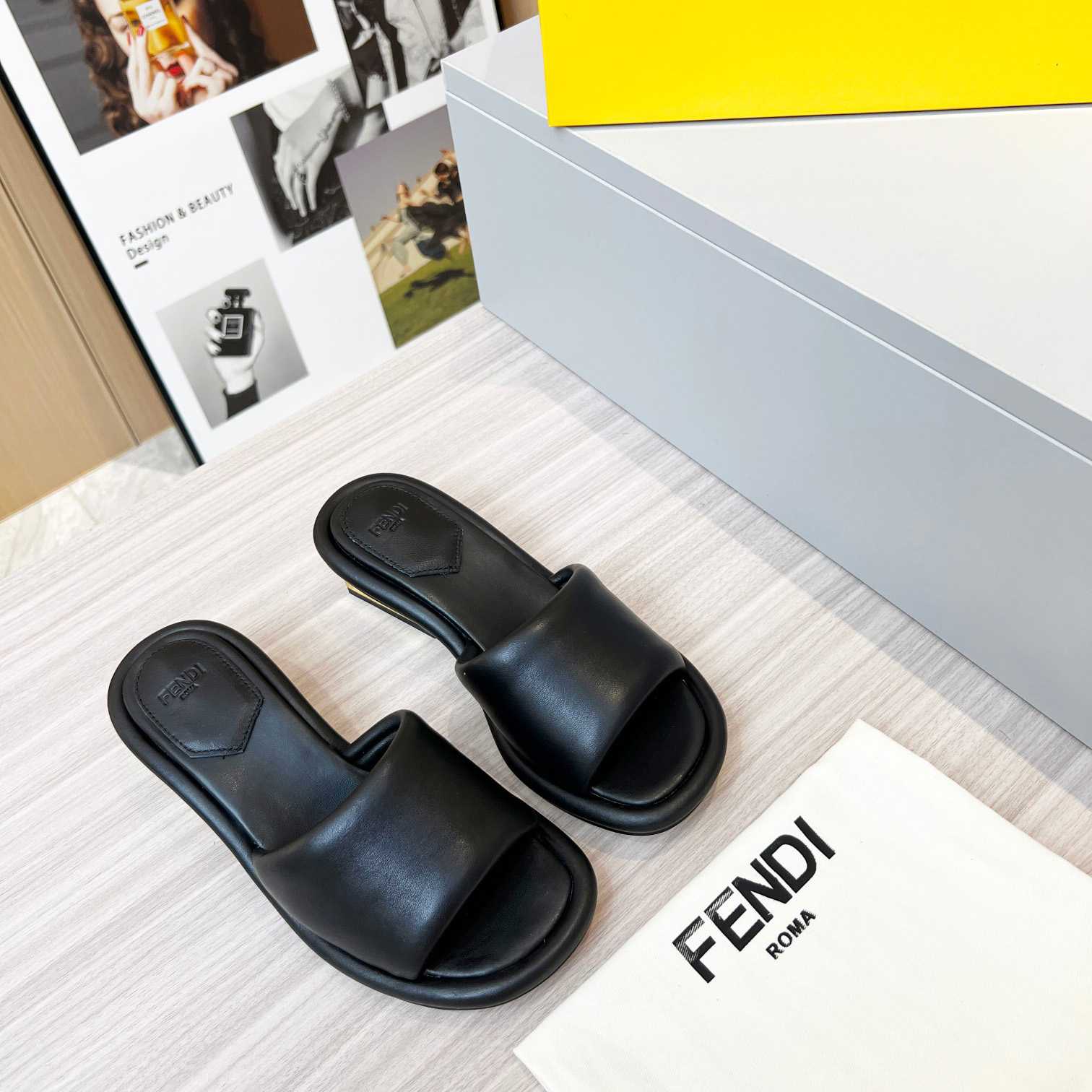 Fendi Baguette Black Nappa Leather Slides - DopestKickz