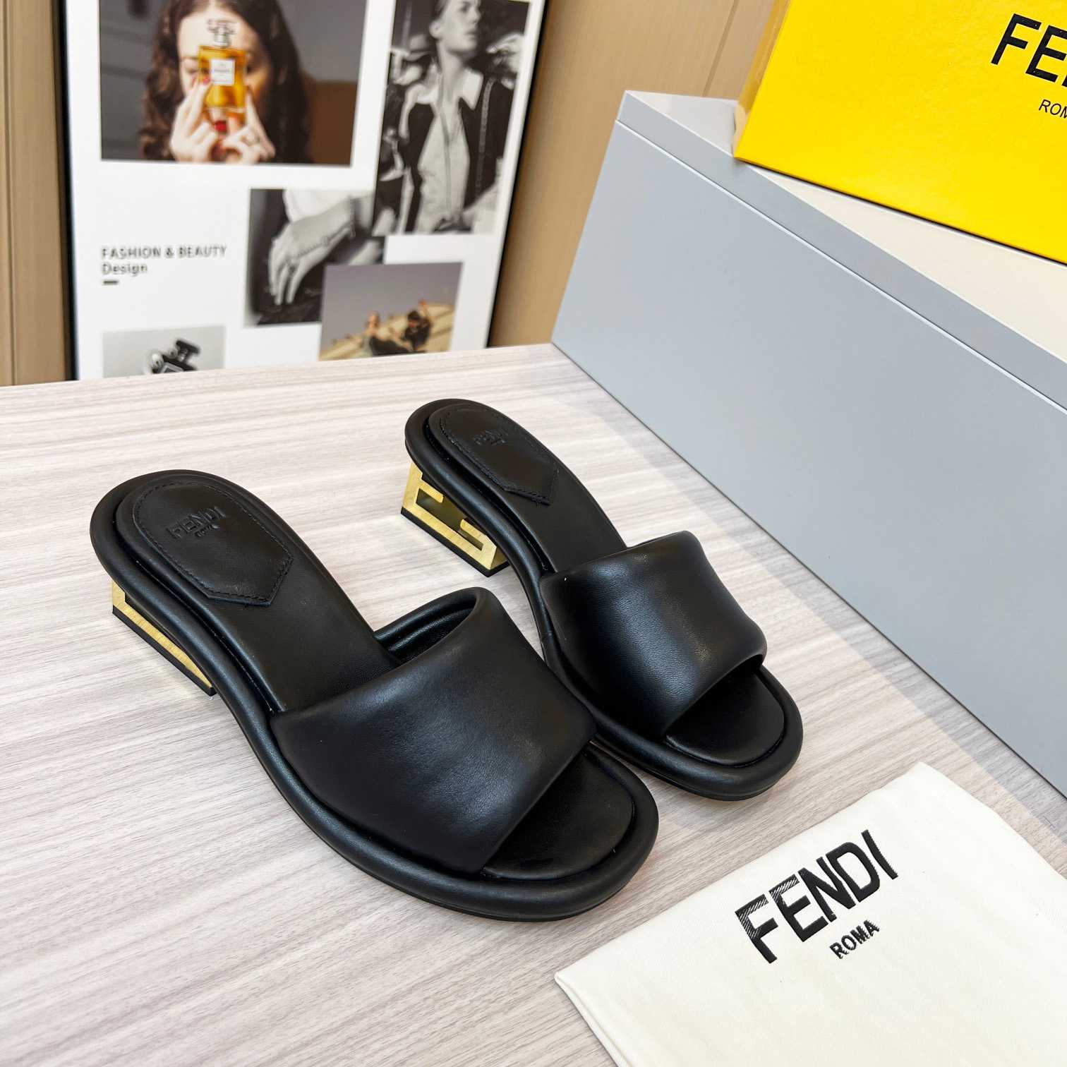 Fendi Baguette Black Nappa Leather Slides - DopestKickz