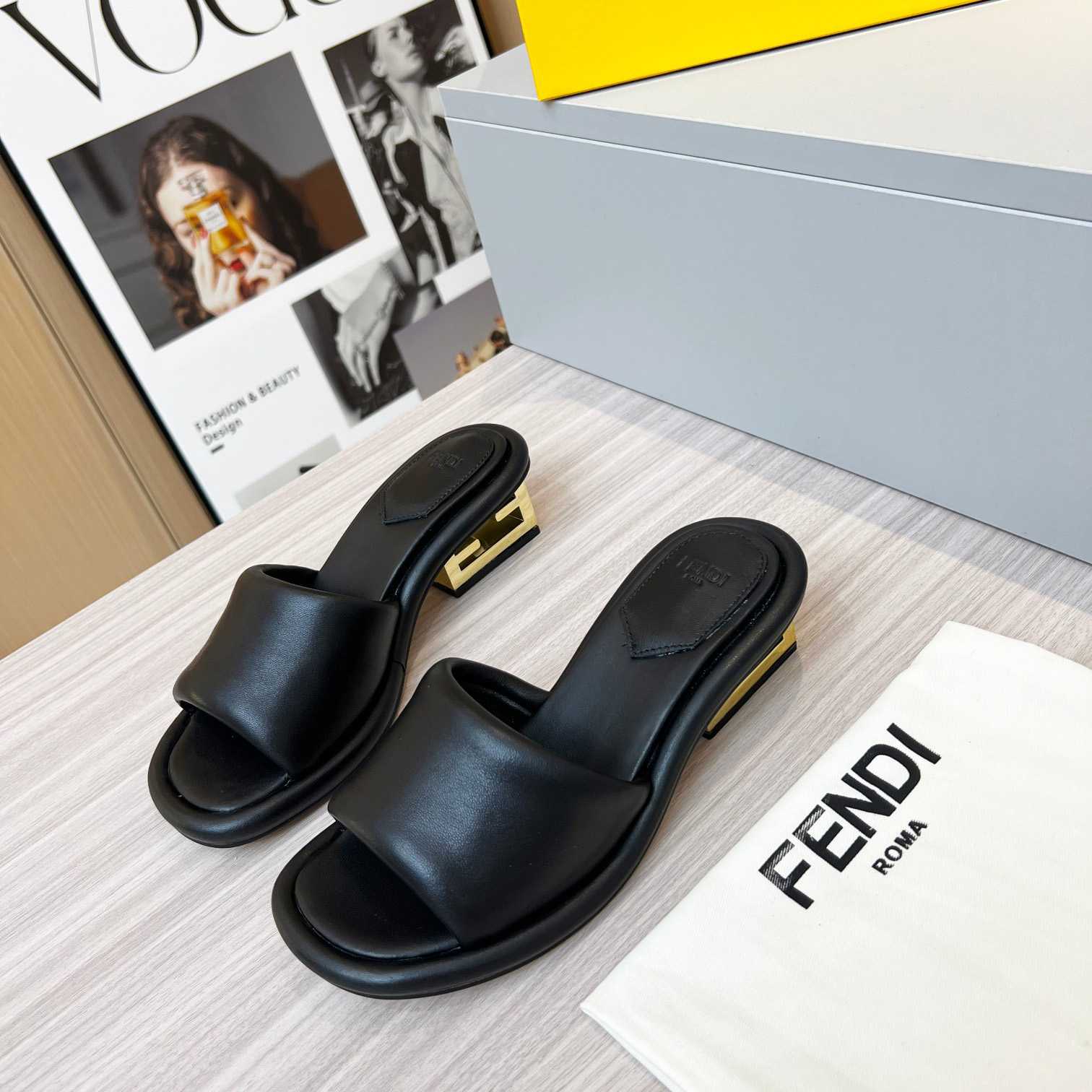 Fendi Baguette Black Nappa Leather Slides - DopestKickz