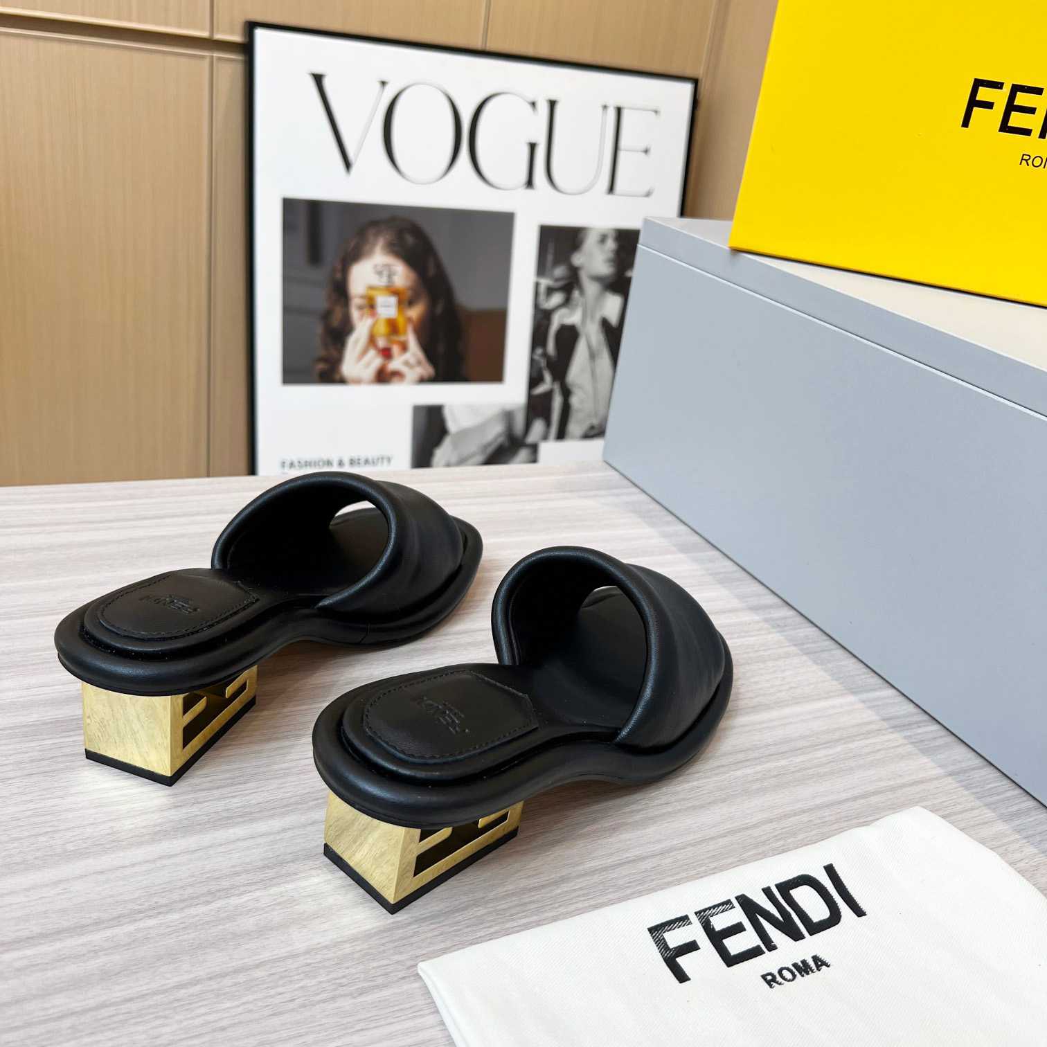 Fendi Baguette Black Nappa Leather Slides - DopestKickz