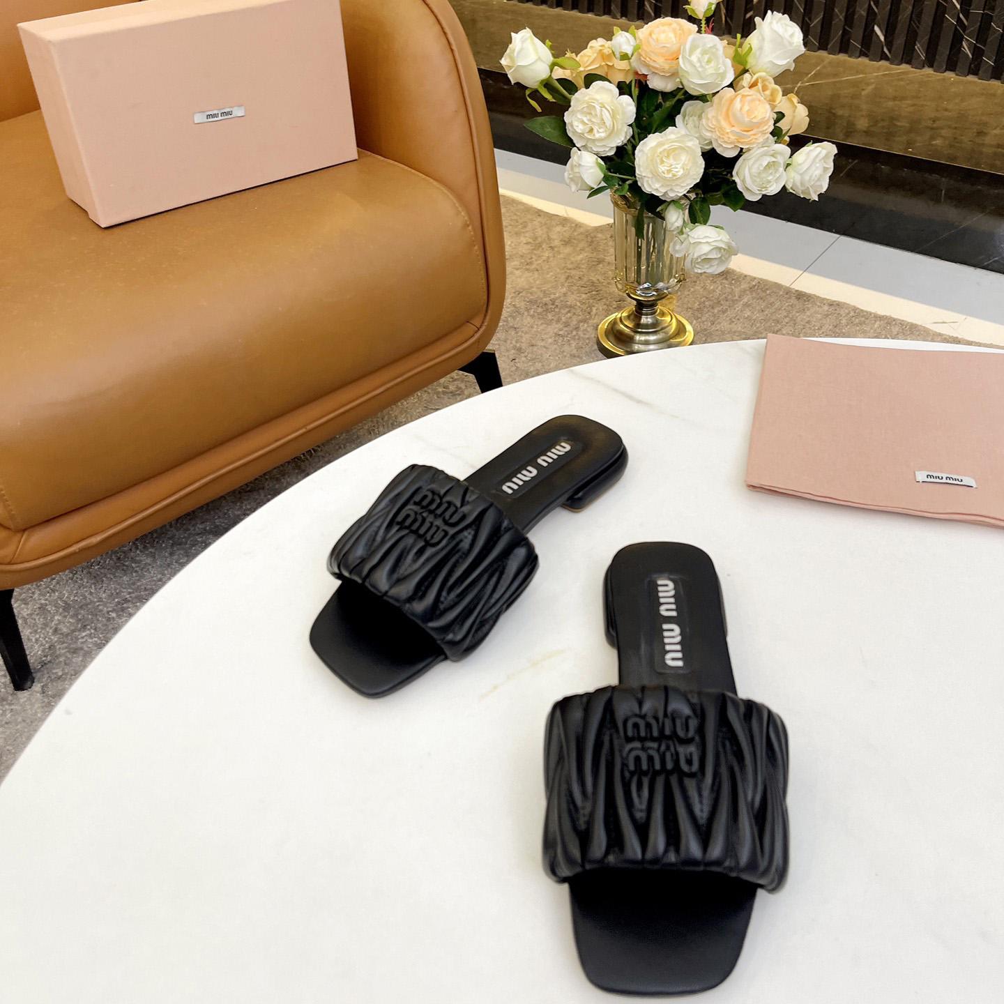 Miu Miu Matelassé Nappa Leather Slides - DopestKickz