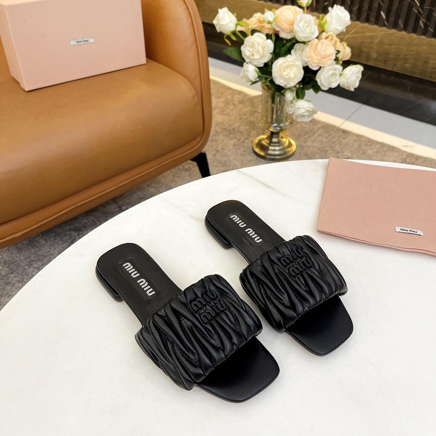 Miu Miu Matelassé Nappa Leather Slides - DopestKickz