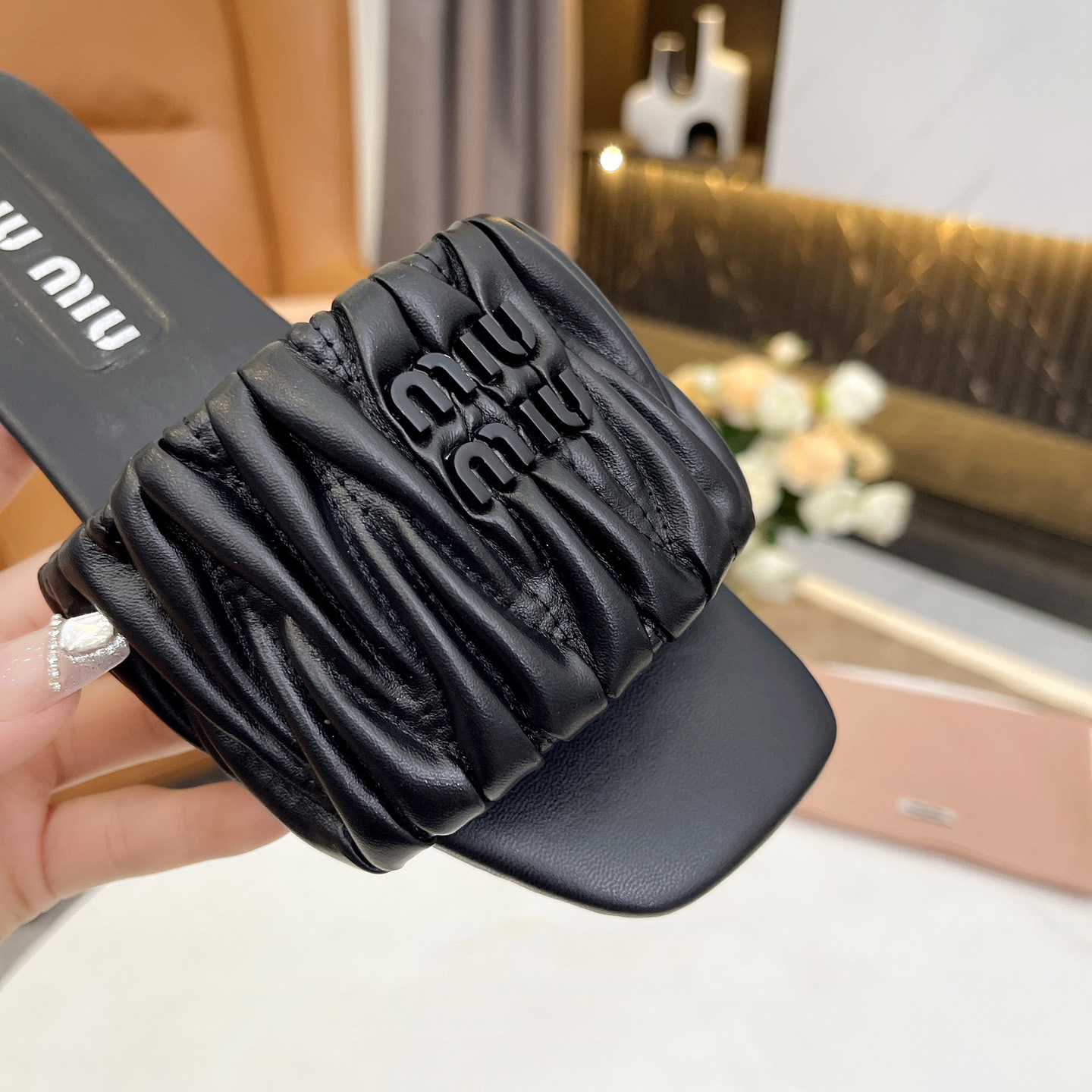 Miu Miu Matelassé Nappa Leather Slides - DopestKickz