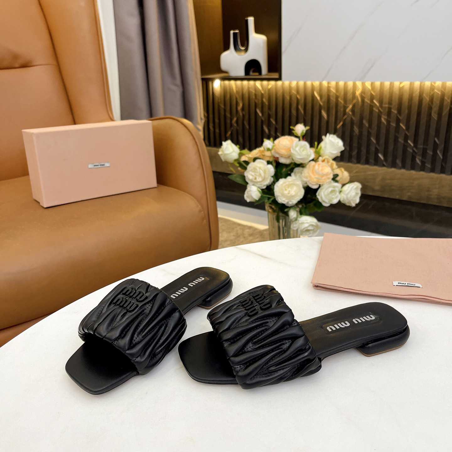 Miu Miu Matelassé Nappa Leather Slides - DopestKickz
