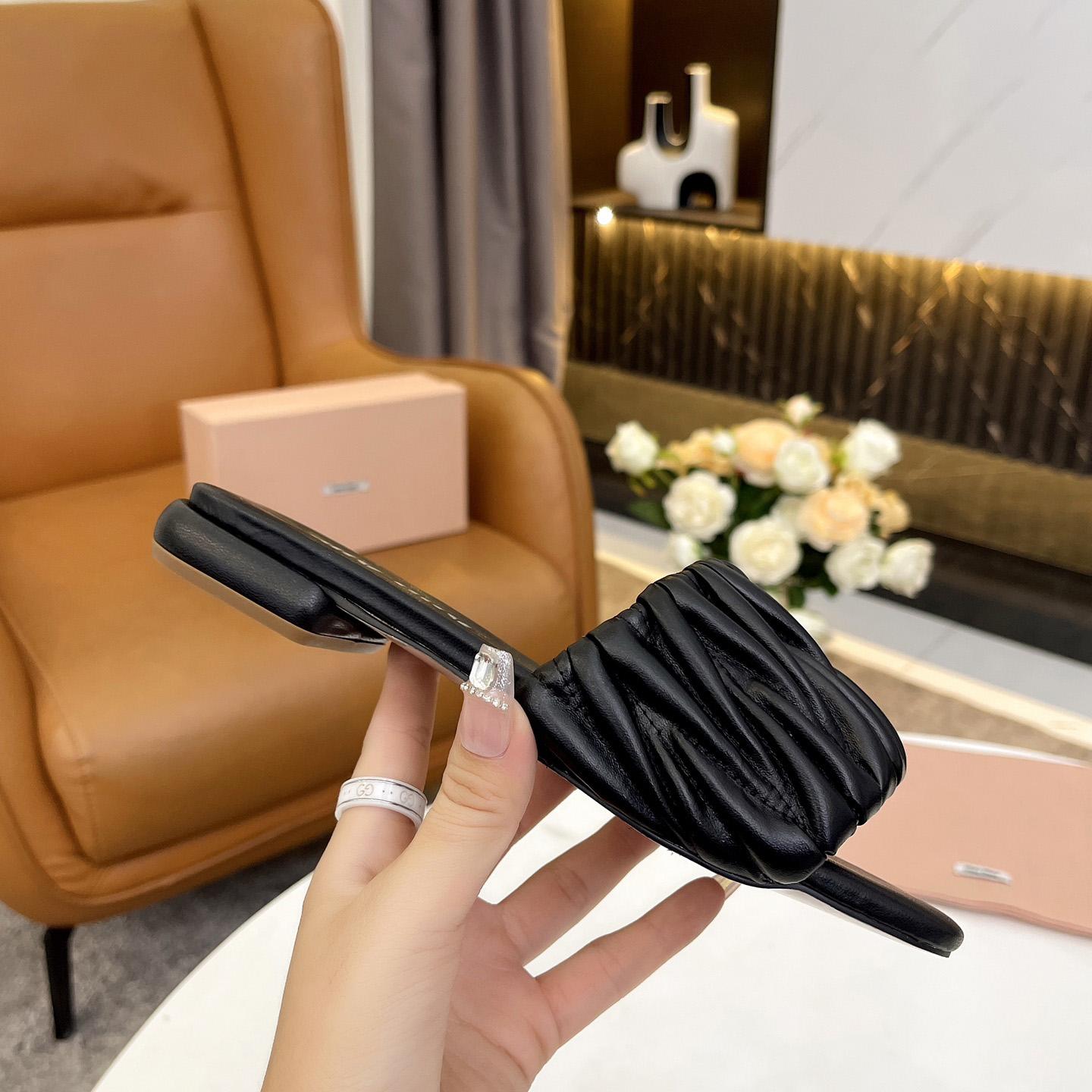 Miu Miu Matelassé Nappa Leather Slides - DopestKickz