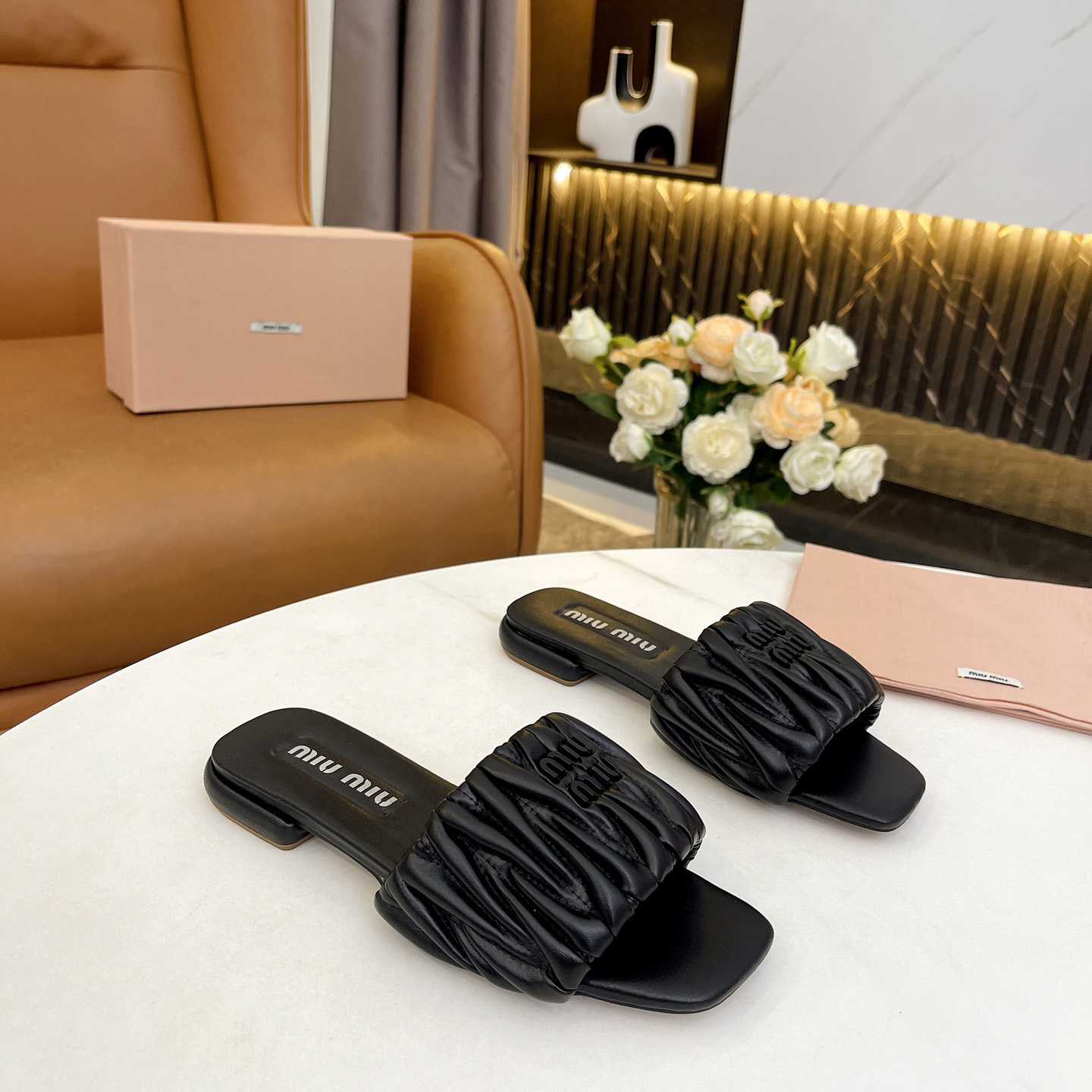 Miu Miu Matelassé Nappa Leather Slides - DopestKickz