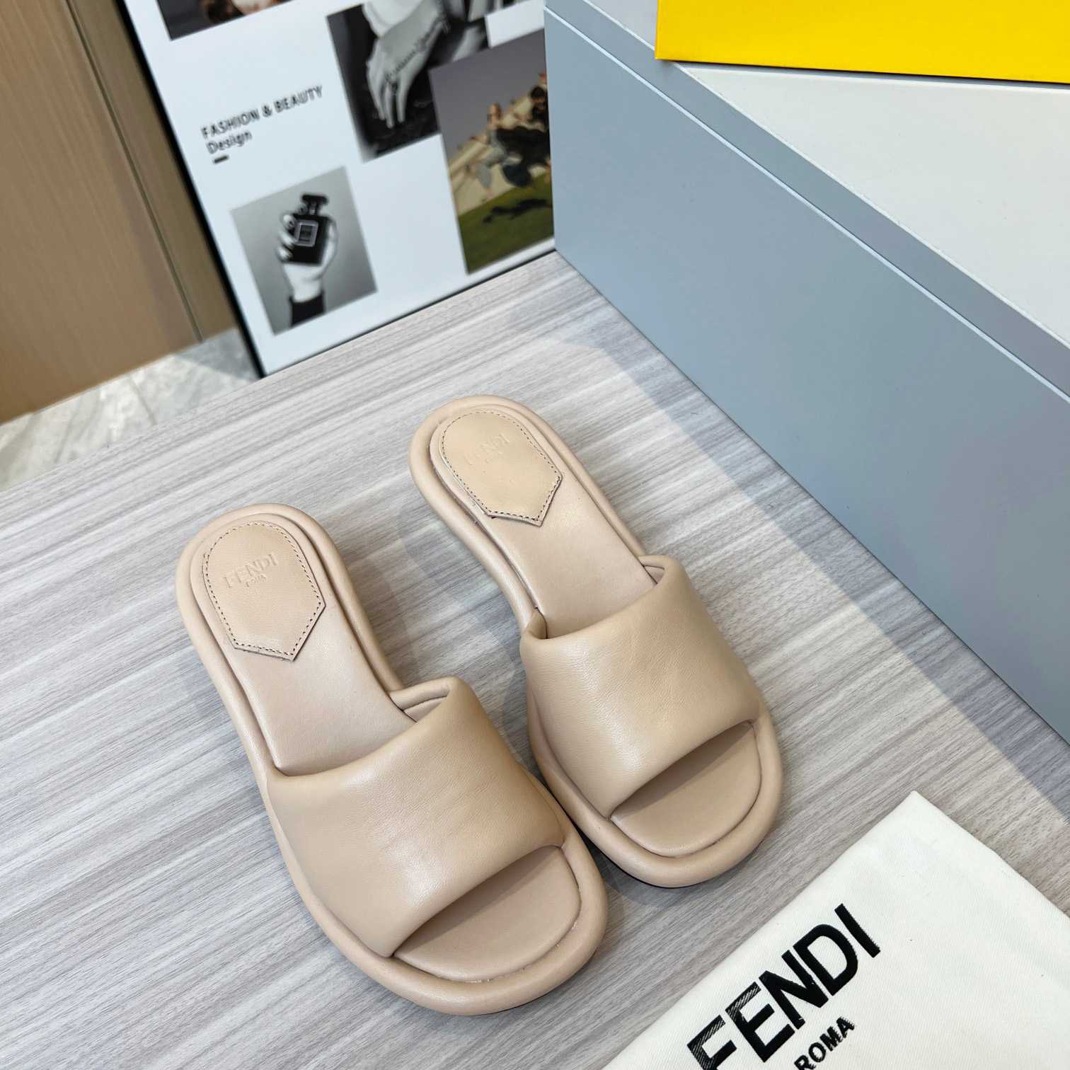 Fendi Baguette Beige Nappa Leather Slides - DopestKickz