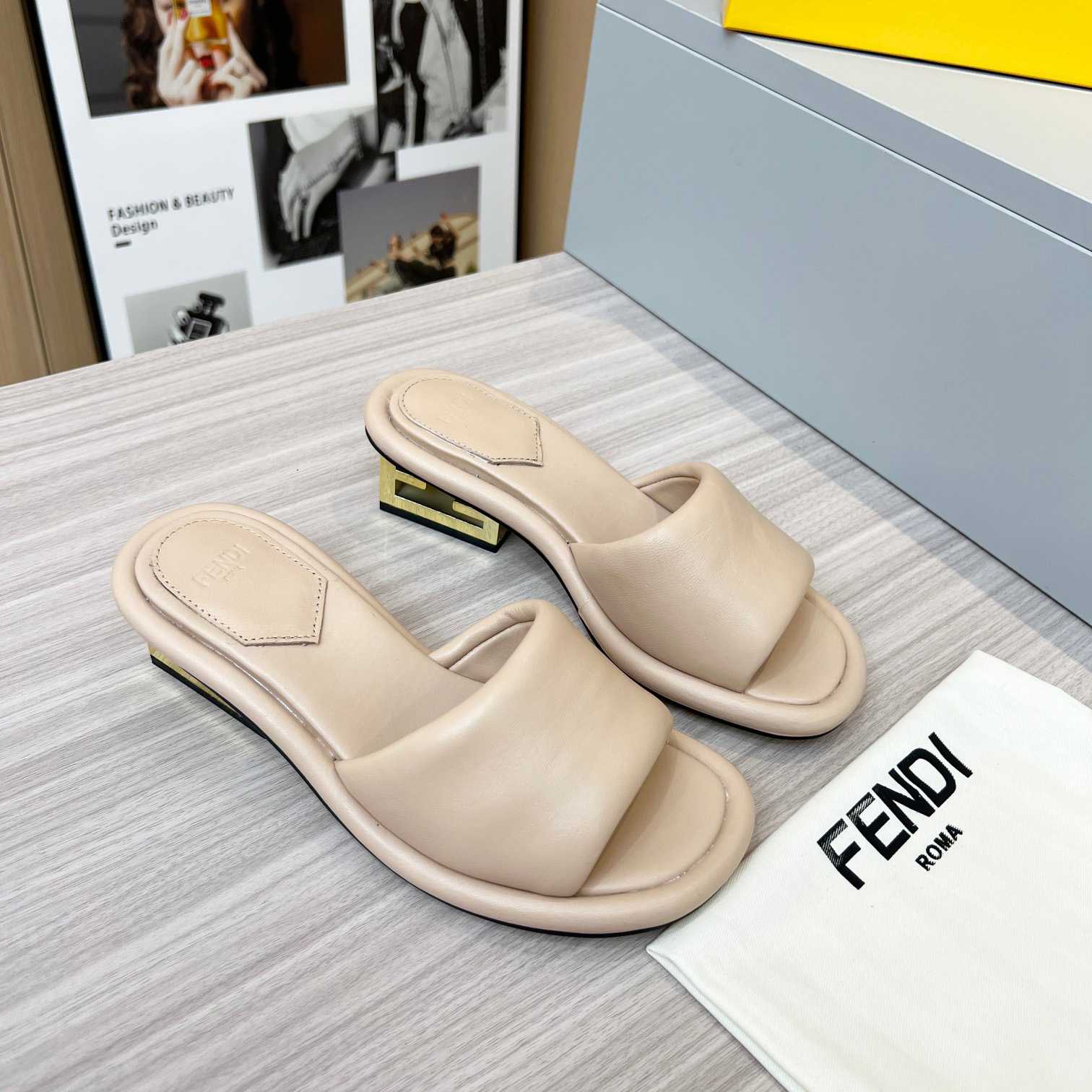 Fendi Baguette Beige Nappa Leather Slides - DopestKickz