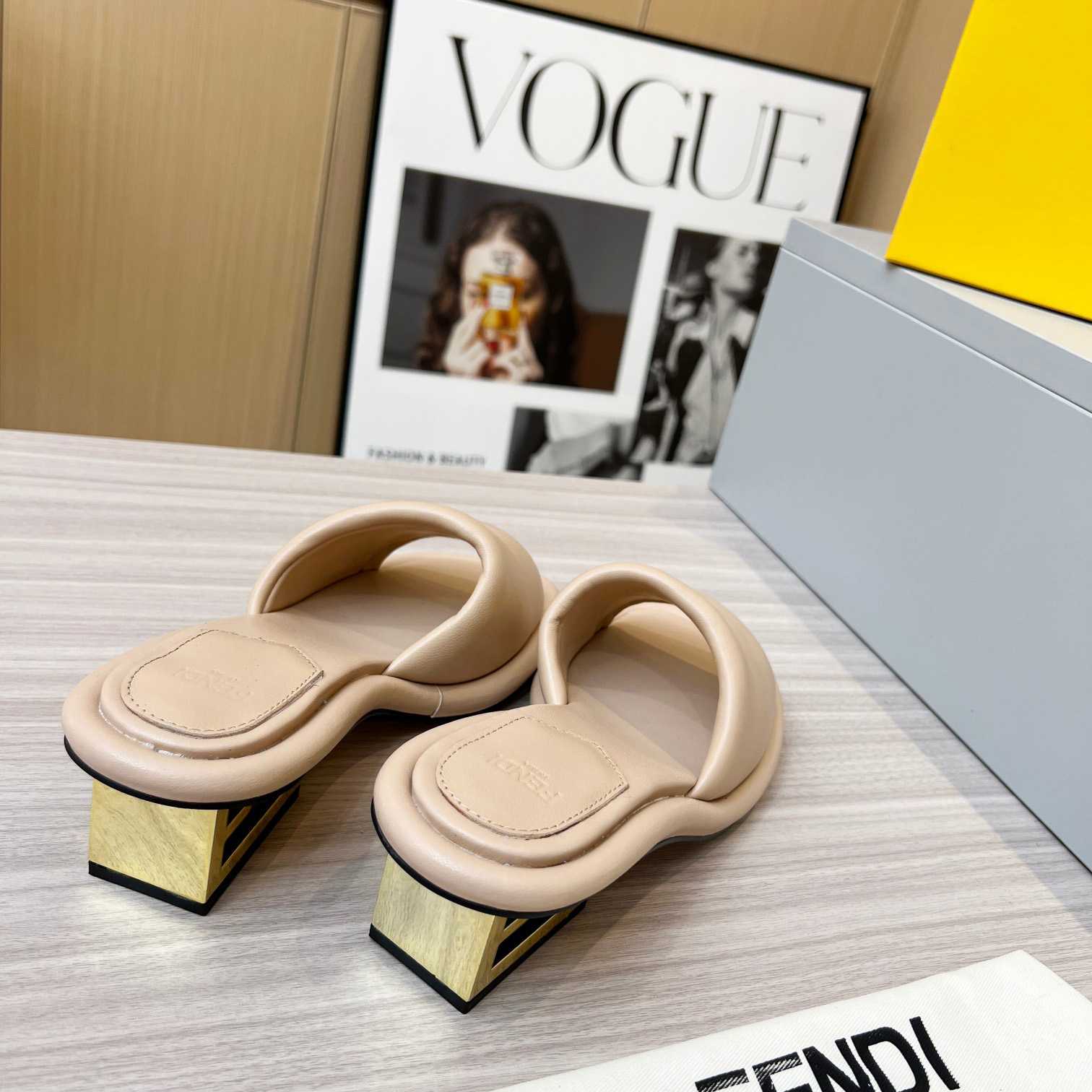 Fendi Baguette Beige Nappa Leather Slides - DopestKickz