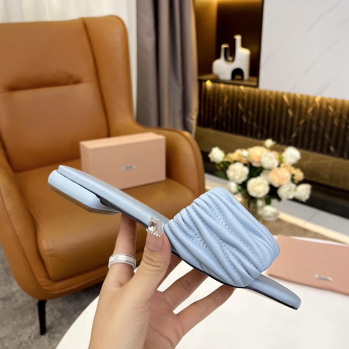 Miu Miu Matelassé Nappa Leather Slides - DopestKickz