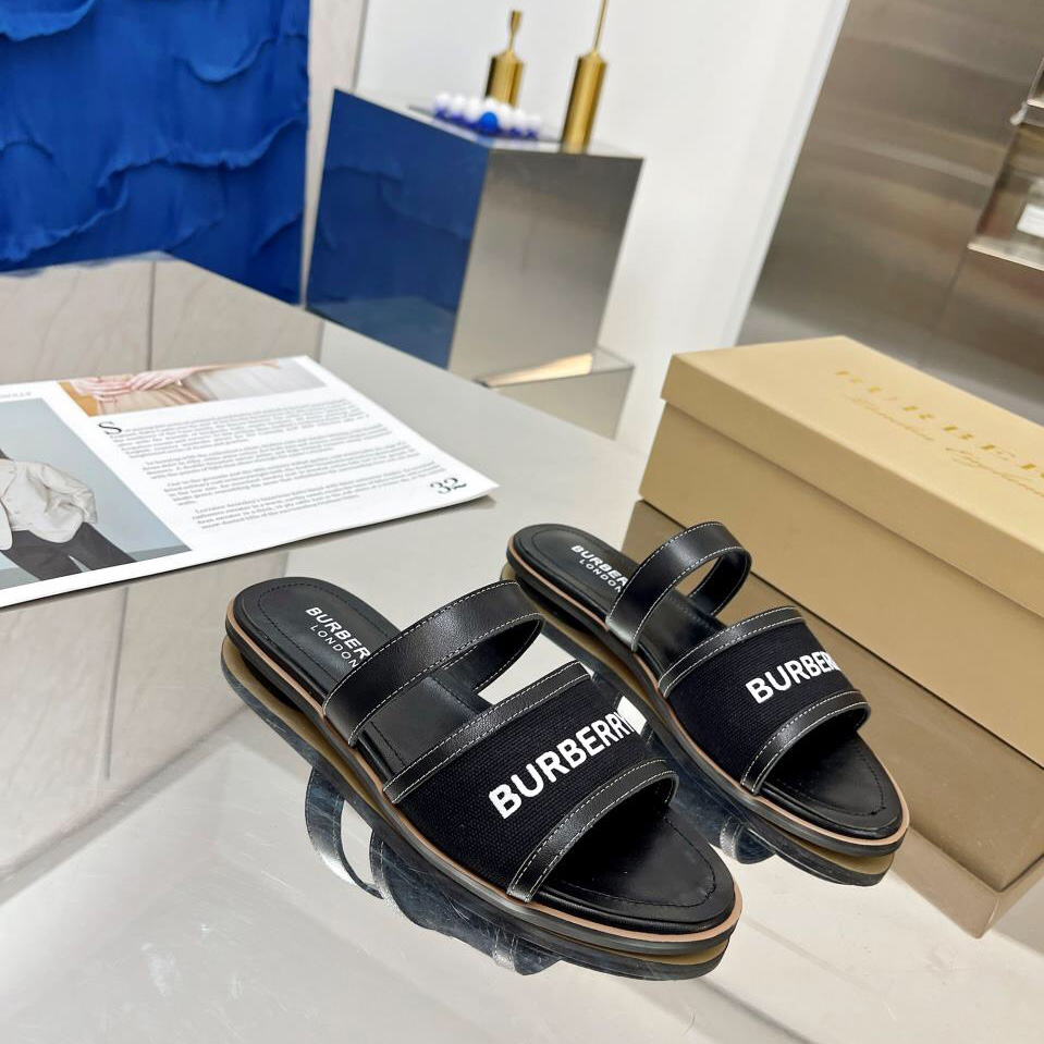 Burberry Women's Black Logo-appliquéd Leather And Cotton-canvas Slides - DopestKickz