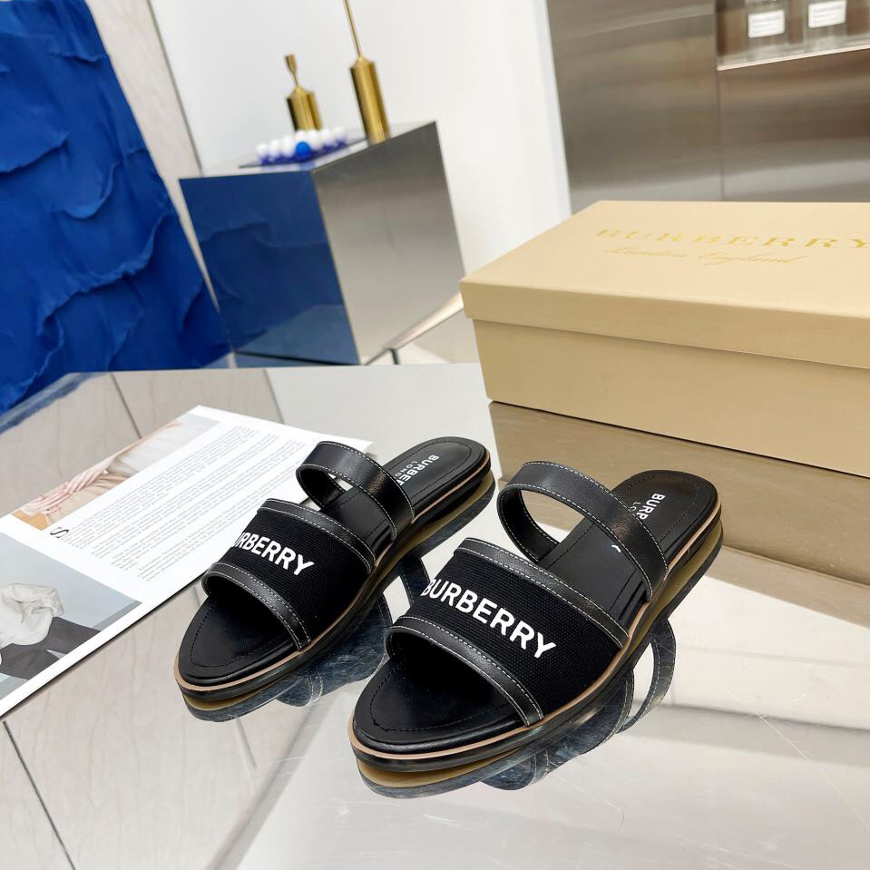 Burberry Women's Black Logo-appliquéd Leather And Cotton-canvas Slides - DopestKickz