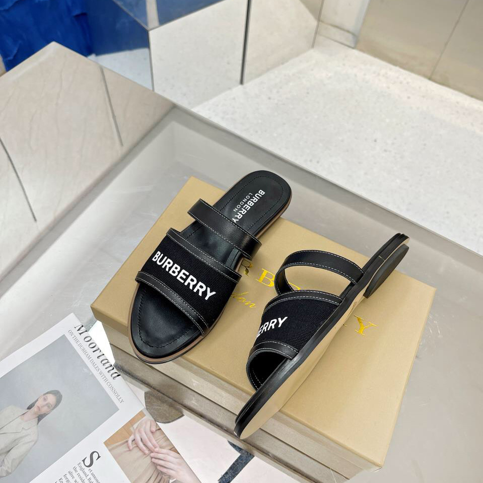 Burberry Women's Black Logo-appliquéd Leather And Cotton-canvas Slides - DopestKickz