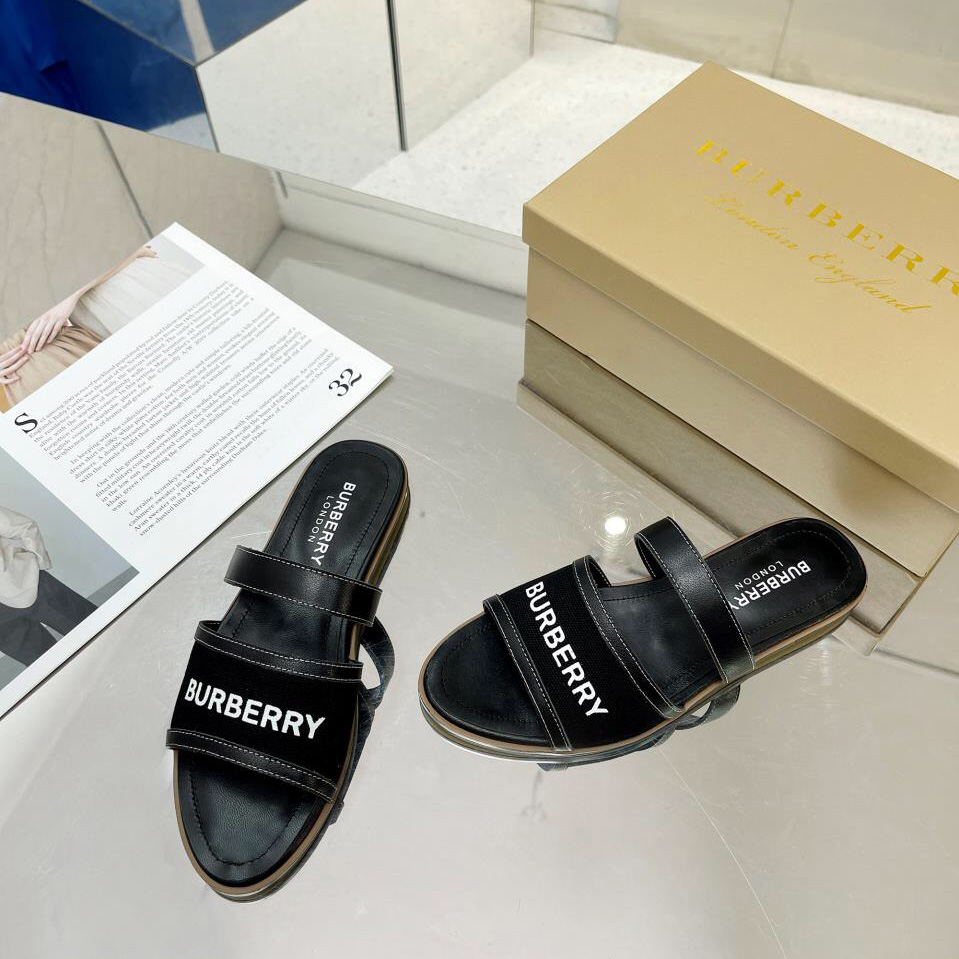 Burberry Women's Black Logo-appliquéd Leather And Cotton-canvas Slides - DopestKickz