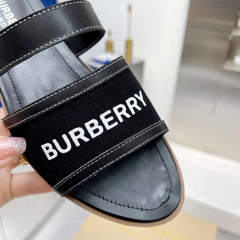 Burberry Women's Black Logo-appliquéd Leather And Cotton-canvas Slides - DopestKickz