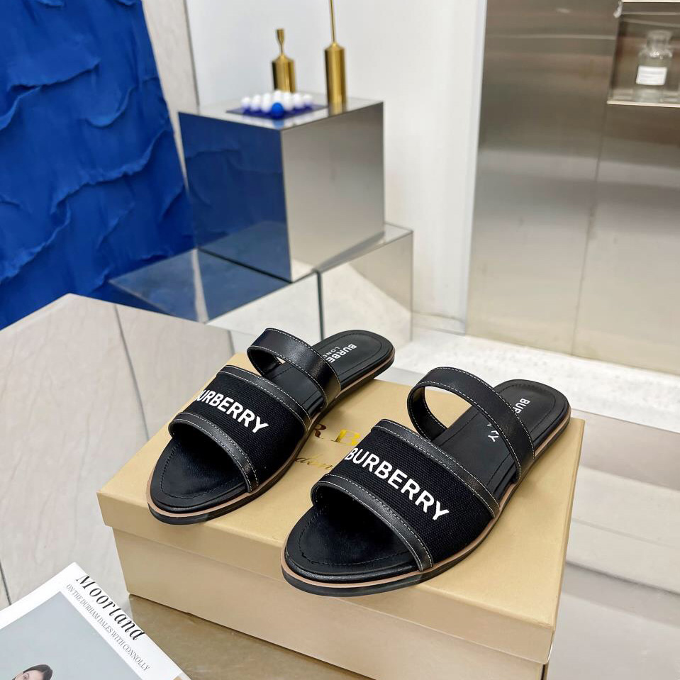 Burberry Women's Black Logo-appliquéd Leather And Cotton-canvas Slides - DopestKickz