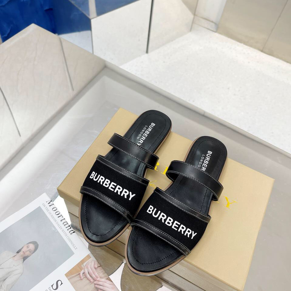 Burberry Women's Black Logo-appliquéd Leather And Cotton-canvas Slides - DopestKickz