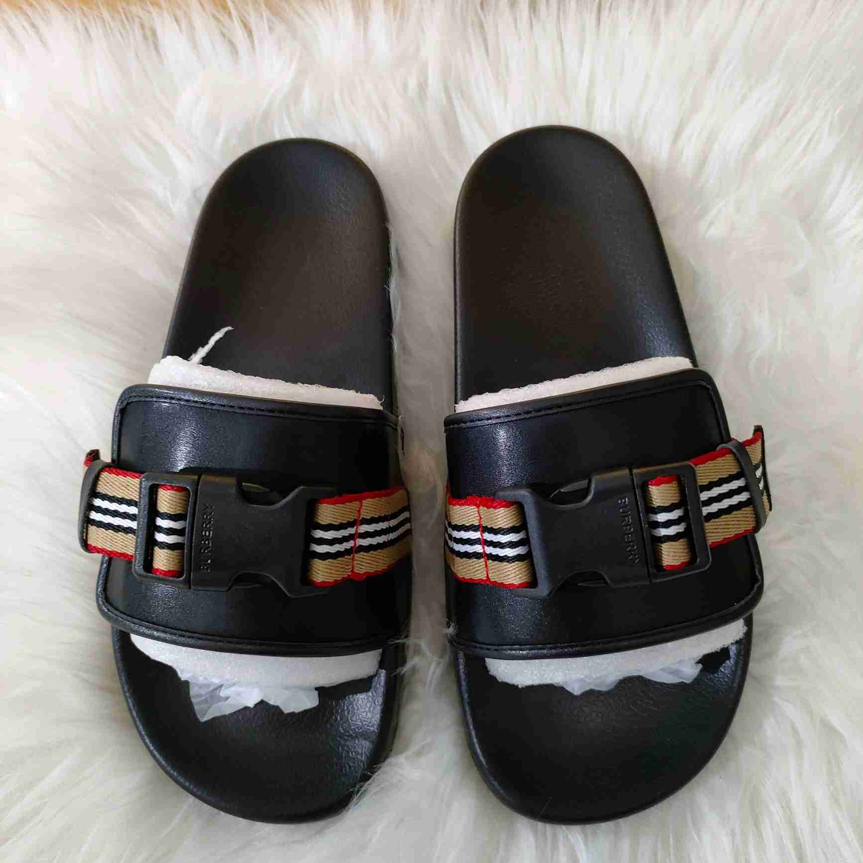 Burberry Icon Stripe Buckled Slides - DopestKickz