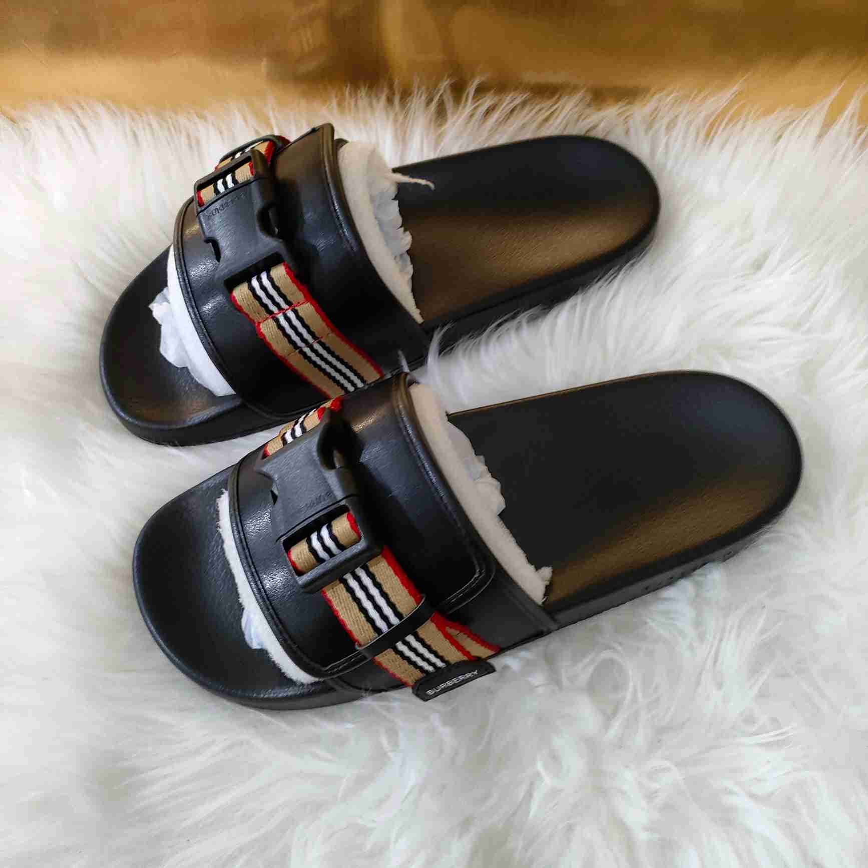 Burberry Icon Stripe Buckled Slides - DopestKickz