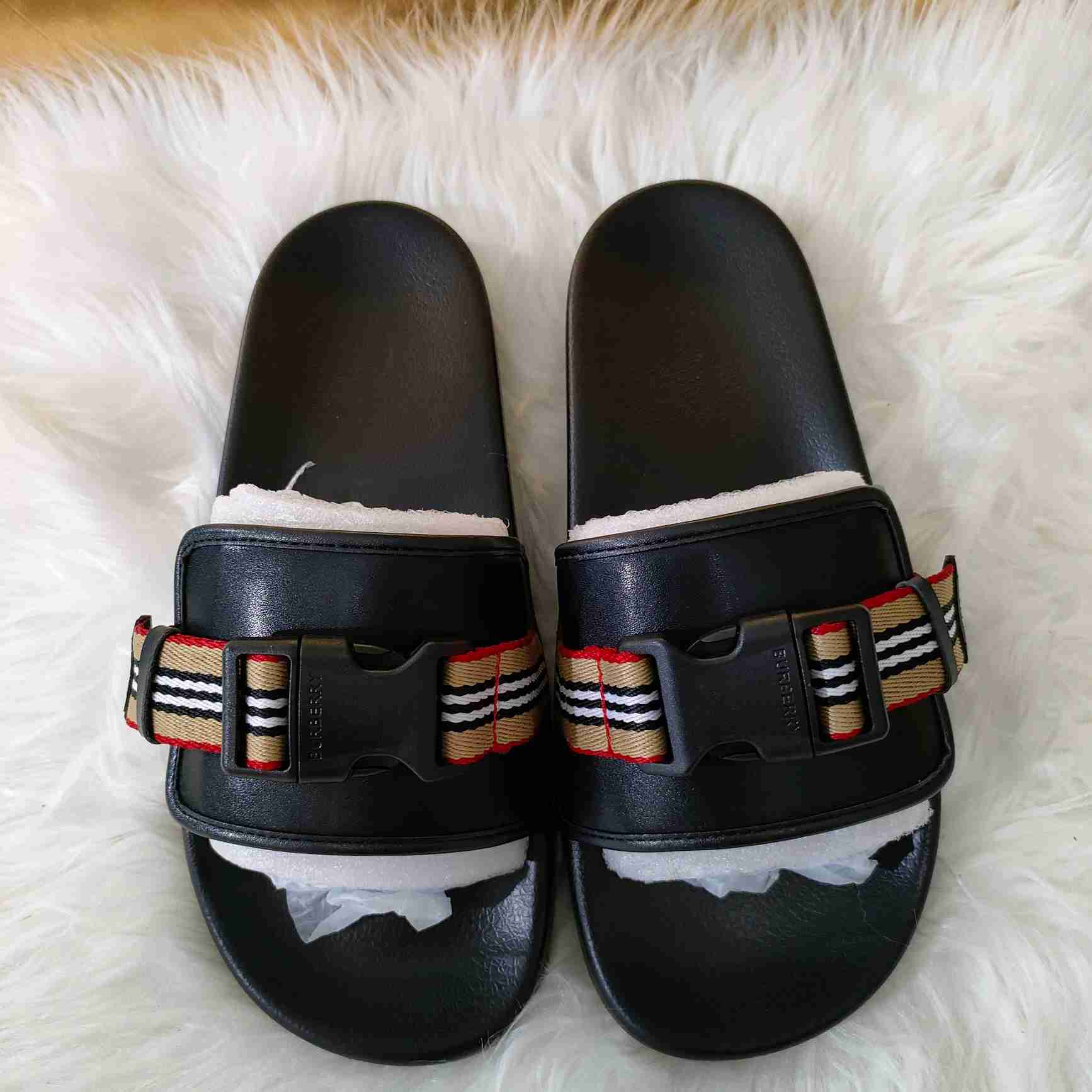 Burberry Icon Stripe Buckled Slides - DopestKickz
