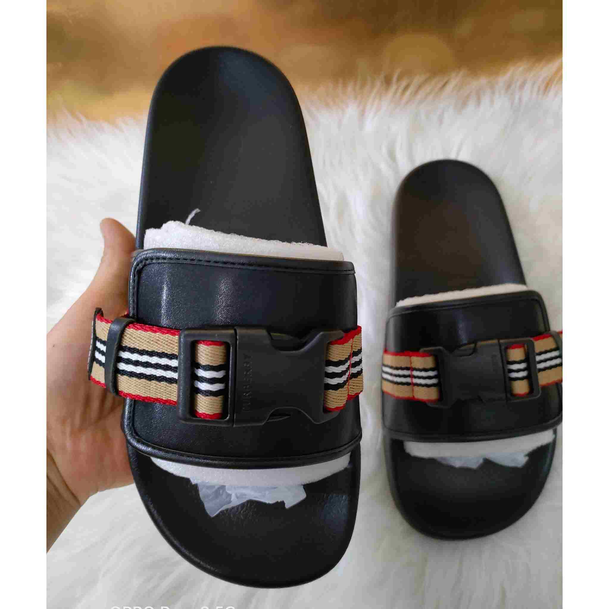 Burberry Icon Stripe Buckled Slides - DopestKickz