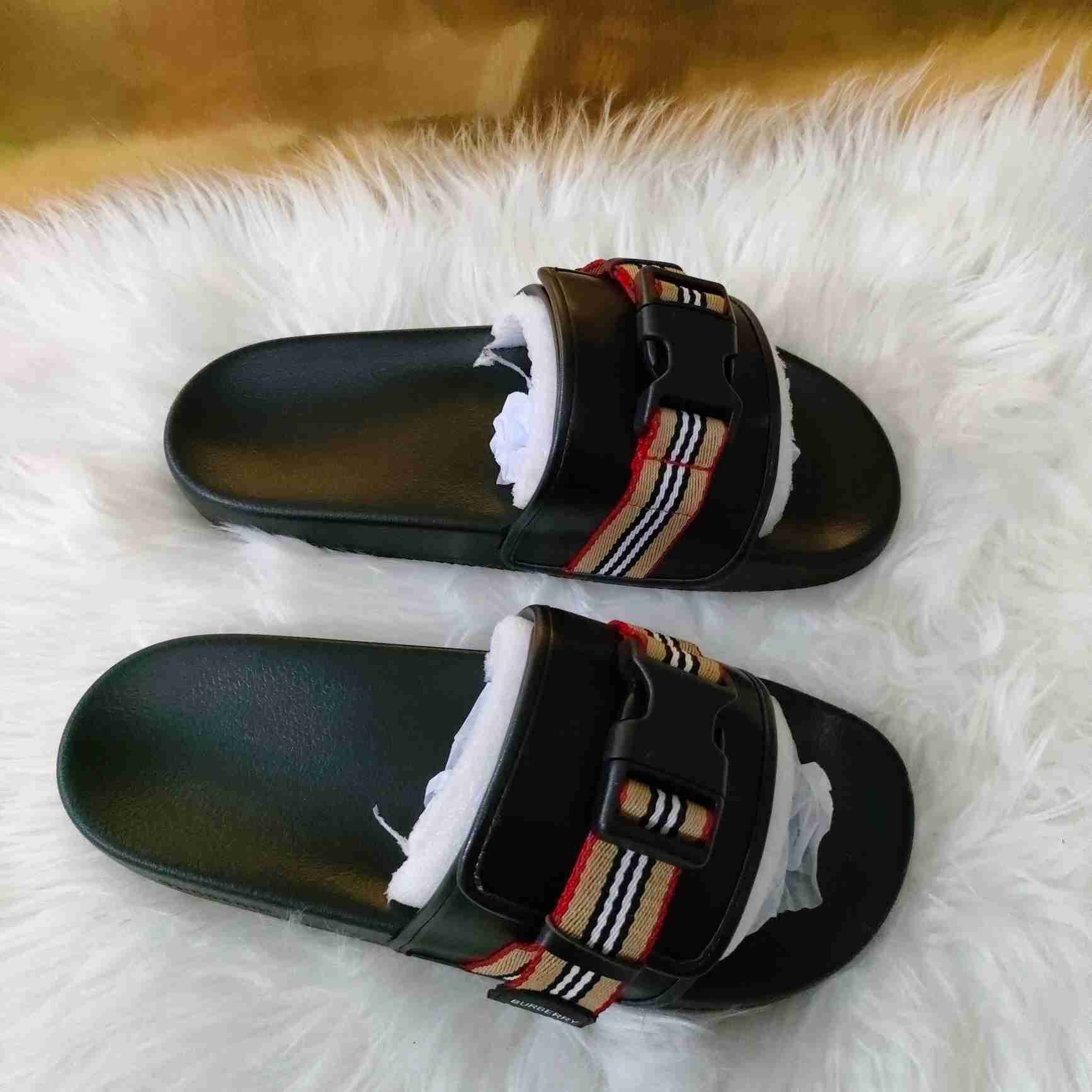 Burberry Icon Stripe Buckled Slides - DopestKickz