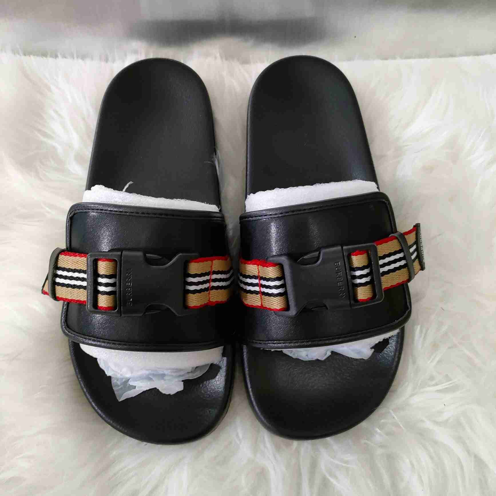 Burberry Icon Stripe Buckled Slides - DopestKickz