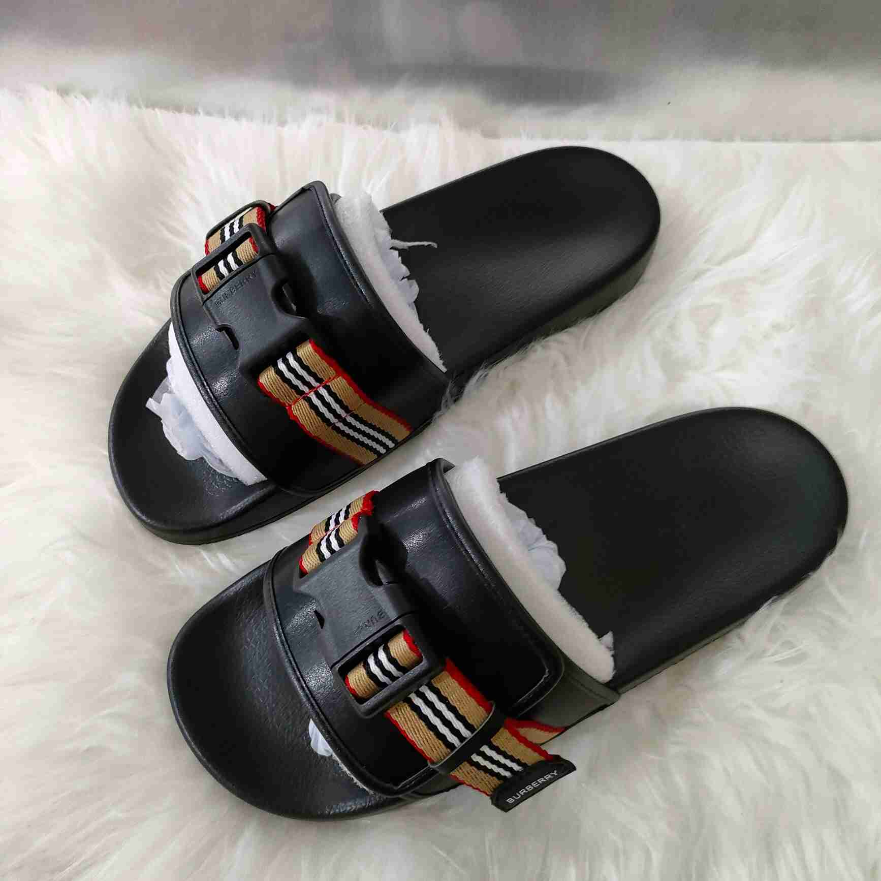 Burberry Icon Stripe Buckled Slides - DopestKickz
