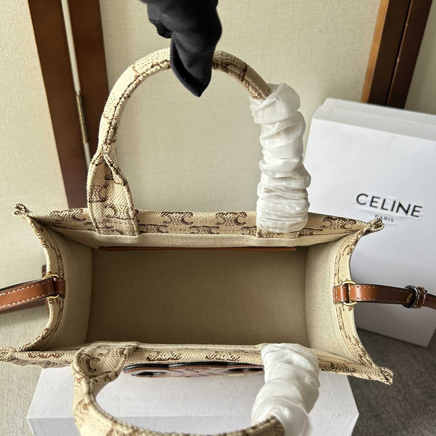 Celine Small Cabas Thais  In Textile With Triomphe Canvas Print And Calfskin White - DopestKickz