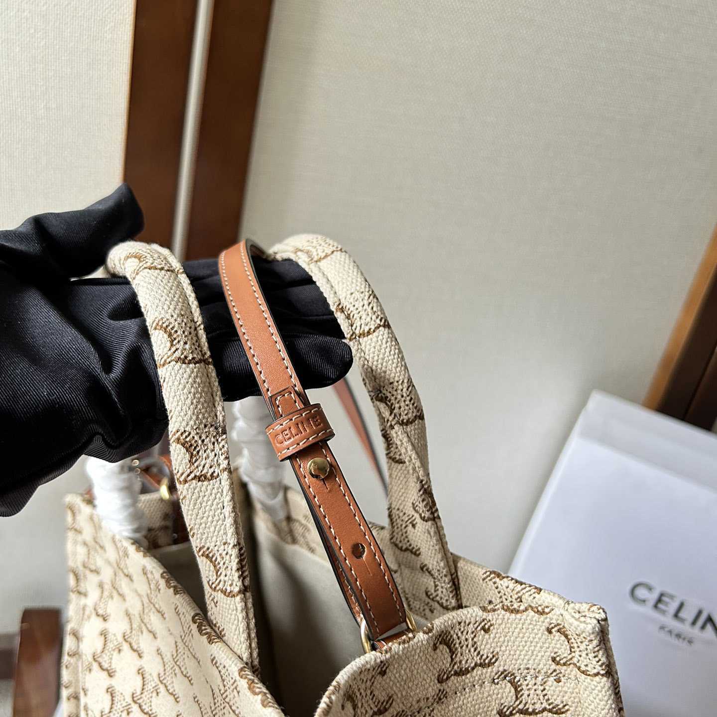 Celine Small Cabas Thais  In Textile With Triomphe Canvas Print And Calfskin White - DopestKickz