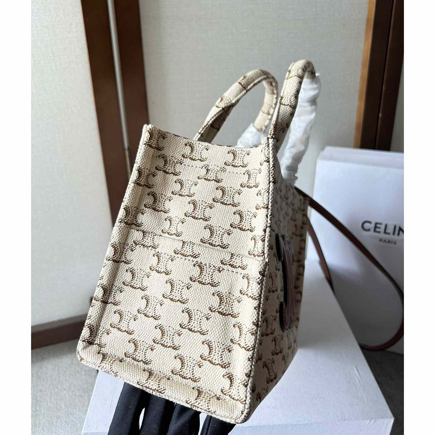 Celine Small Cabas Thais  In Textile With Triomphe Canvas Print And Calfskin White - DopestKickz