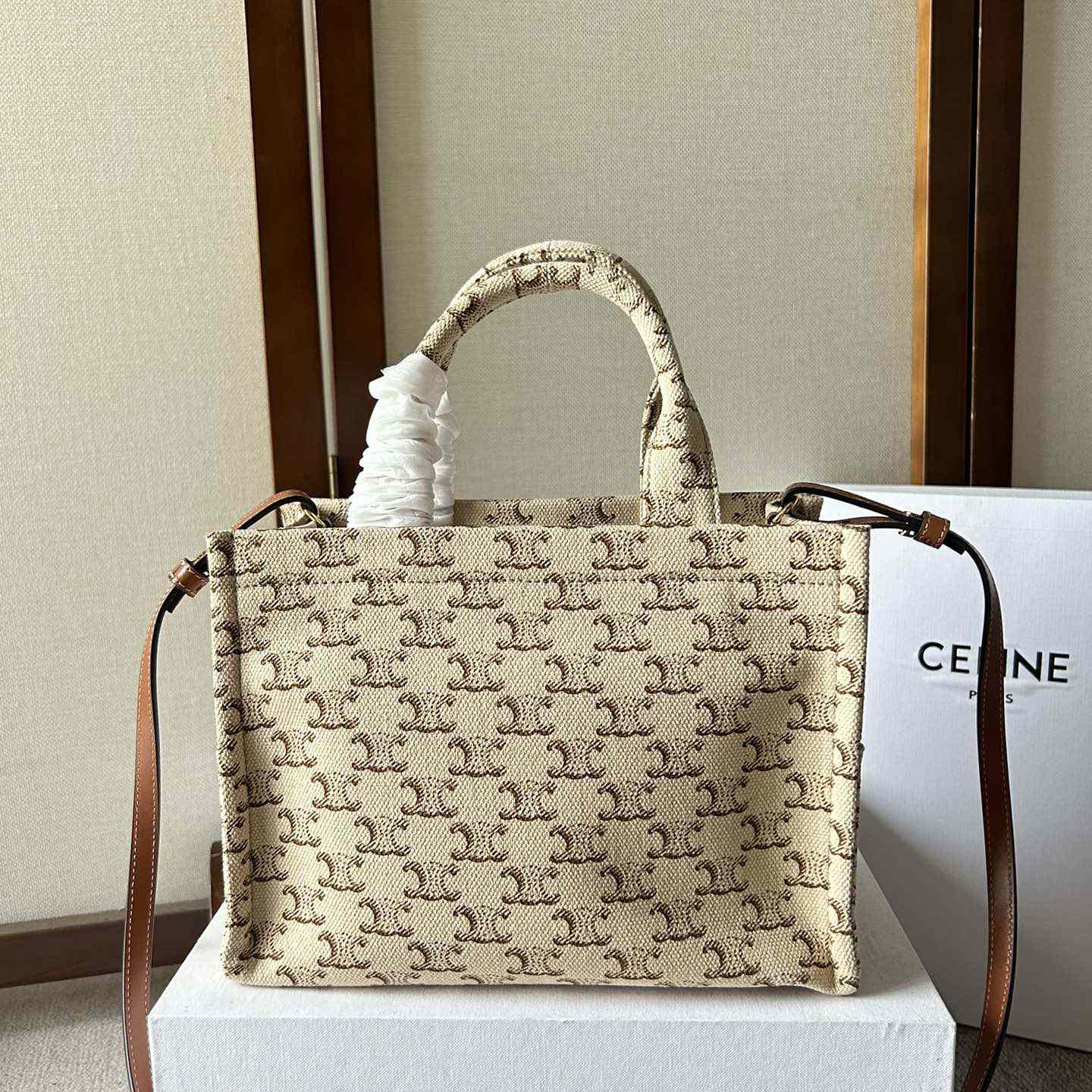 Celine Small Cabas Thais  In Textile With Triomphe Canvas Print And Calfskin White - DopestKickz