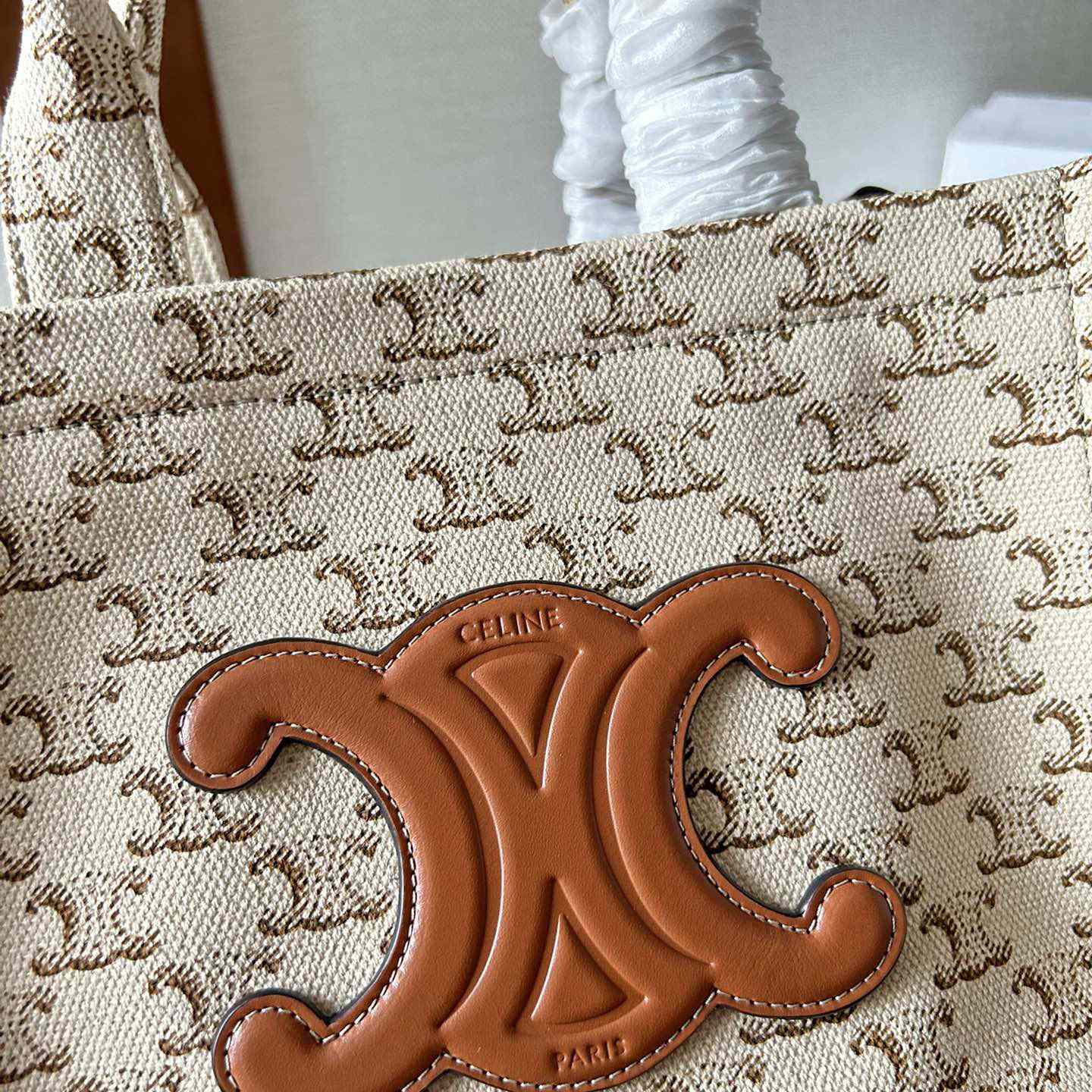 Celine Small Cabas Thais  In Textile With Triomphe Canvas Print And Calfskin White - DopestKickz