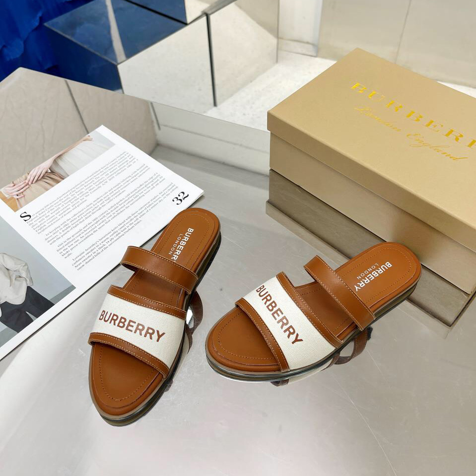 Burberry Women's Brown Logo-appliquéd Leather And Cotton-canvas Slides - DopestKickz