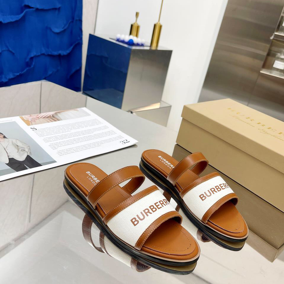 Burberry Women's Brown Logo-appliquéd Leather And Cotton-canvas Slides - DopestKickz