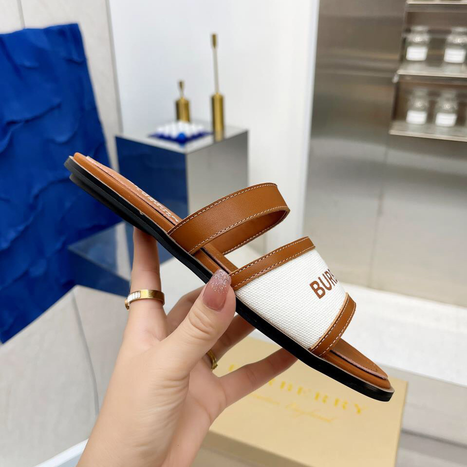 Burberry Women's Brown Logo-appliquéd Leather And Cotton-canvas Slides - DopestKickz