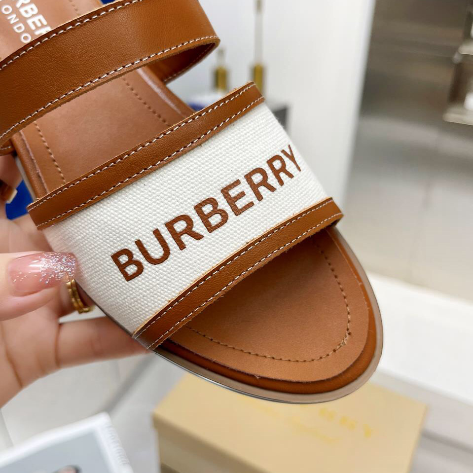Burberry Women's Brown Logo-appliquéd Leather And Cotton-canvas Slides - DopestKickz