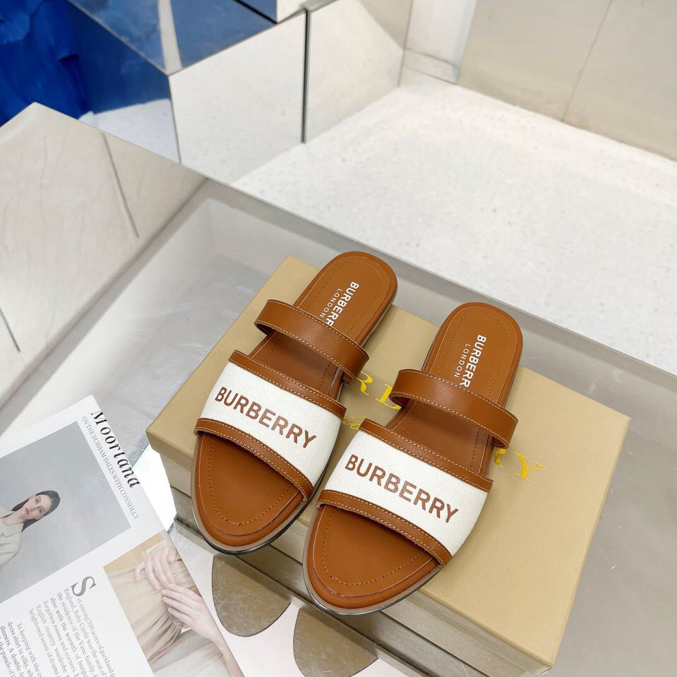 Burberry Women's Brown Logo-appliquéd Leather And Cotton-canvas Slides - DopestKickz