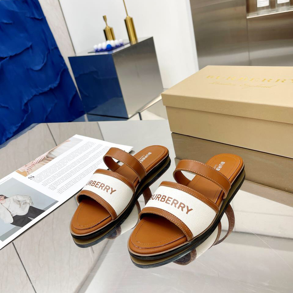 Burberry Women's Brown Logo-appliquéd Leather And Cotton-canvas Slides - DopestKickz
