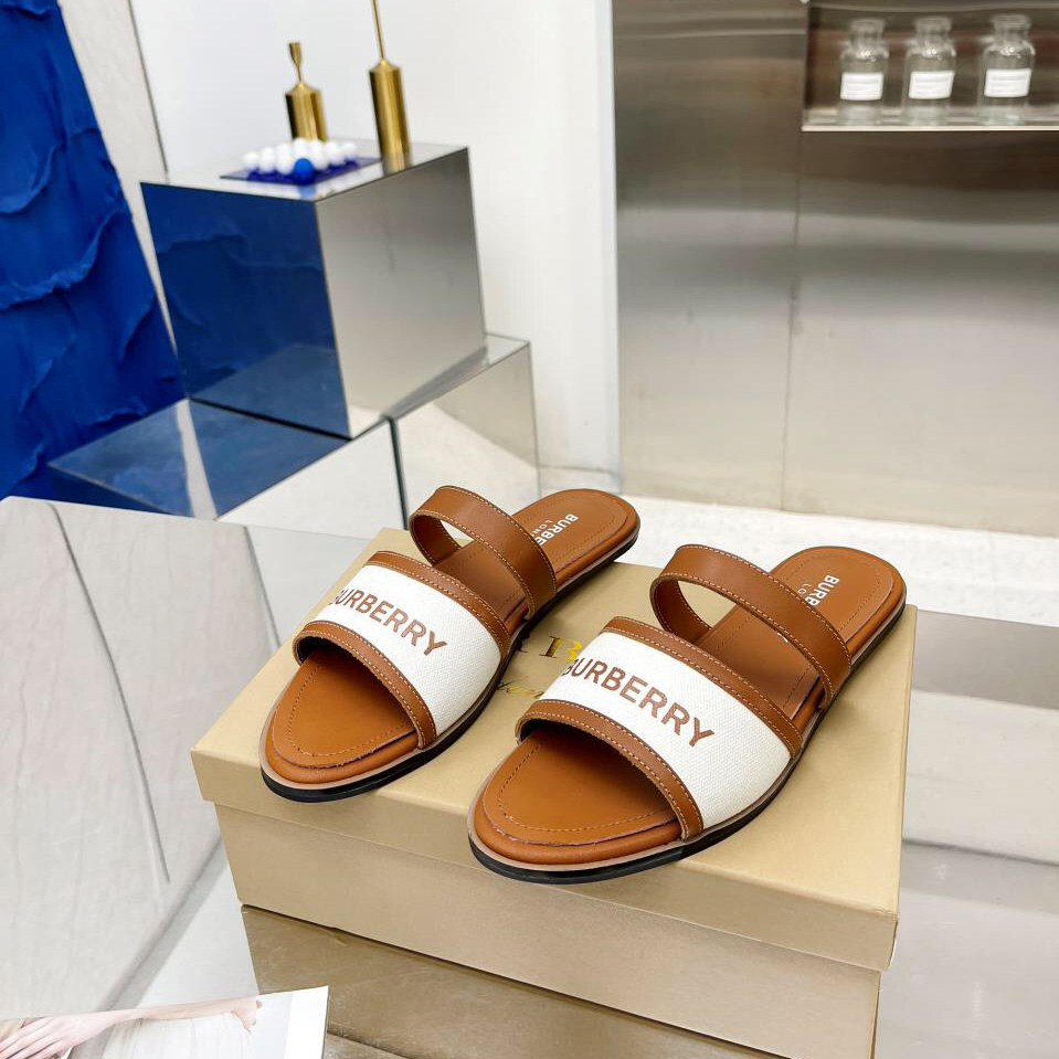 Burberry Women's Brown Logo-appliquéd Leather And Cotton-canvas Slides - DopestKickz
