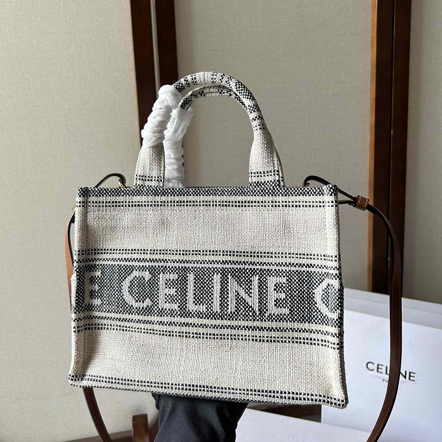 Celine Small Cabas Thais In Striped Textile With Celine jacquard White / Black  - DopestKickz