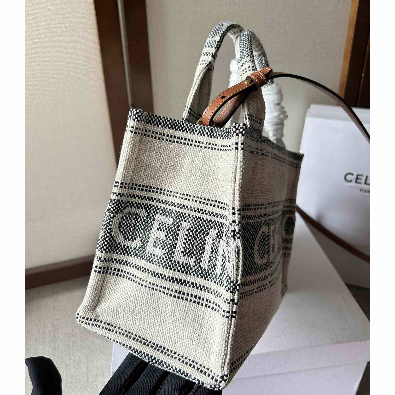 Celine Small Cabas Thais In Striped Textile With Celine jacquard White / Black  - DopestKickz