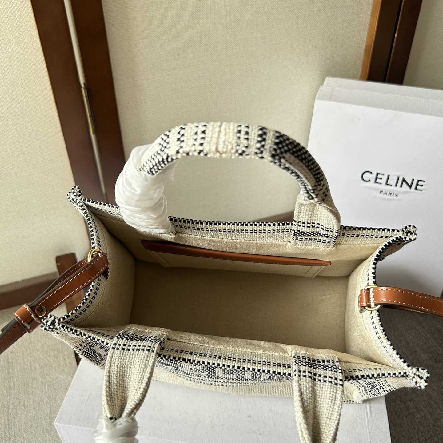 Celine Small Cabas Thais In Striped Textile With Celine jacquard White / Black  - DopestKickz