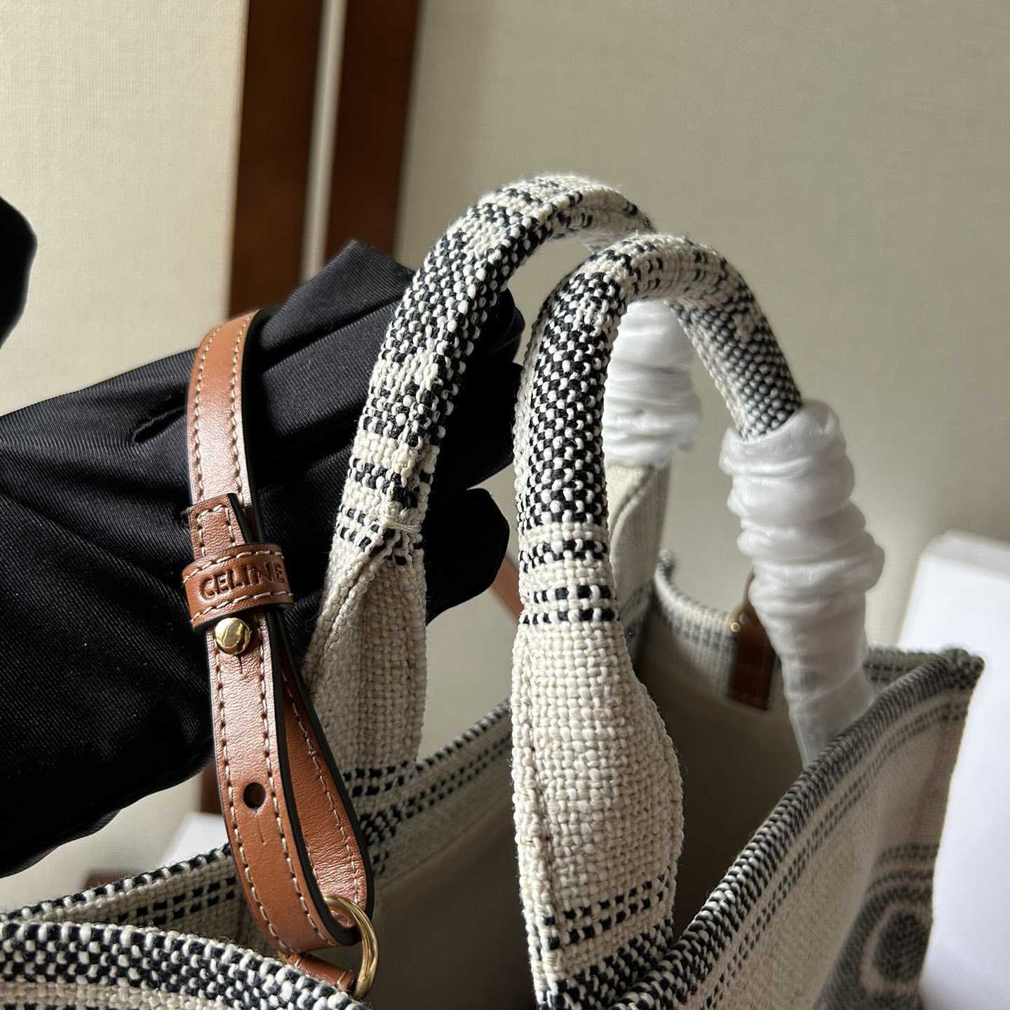 Celine Small Cabas Thais In Striped Textile With Celine jacquard White / Black  - DopestKickz