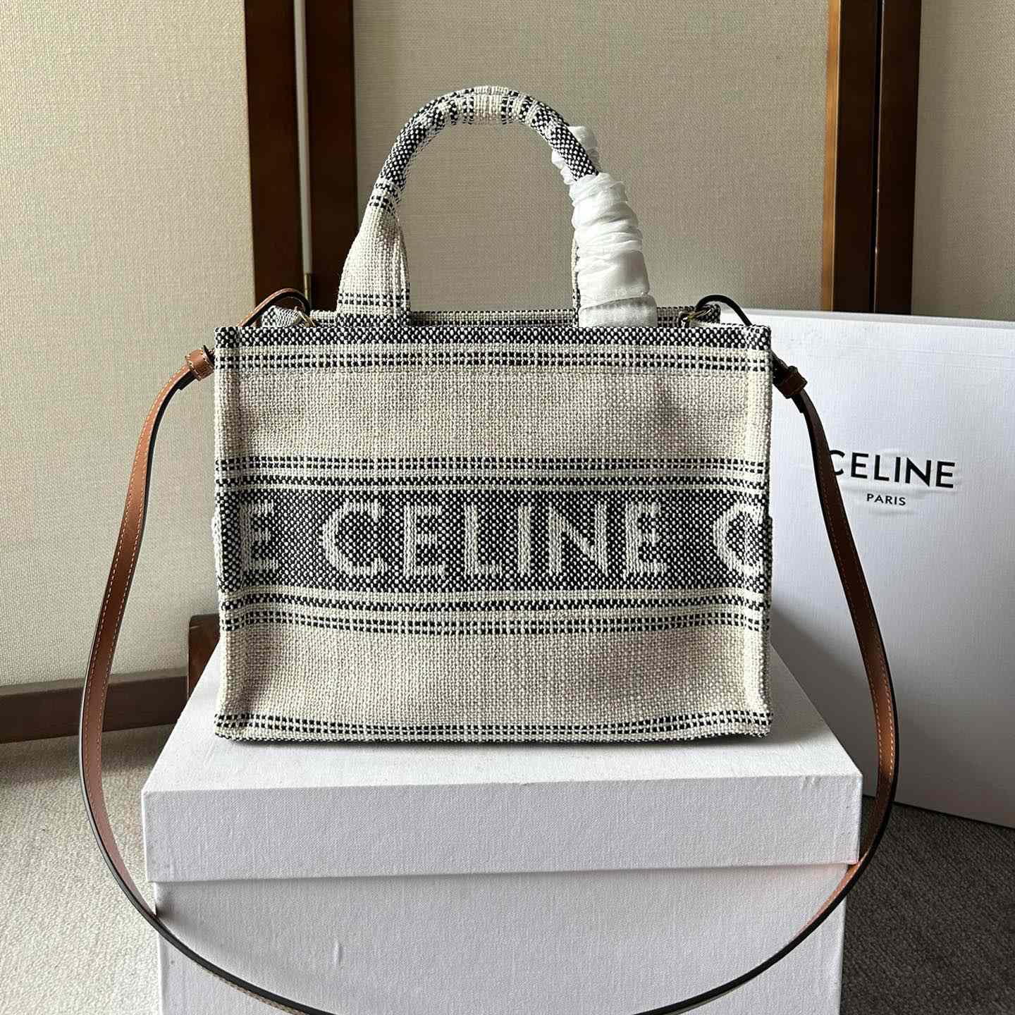 Celine Small Cabas Thais In Striped Textile With Celine jacquard White / Black  - DopestKickz