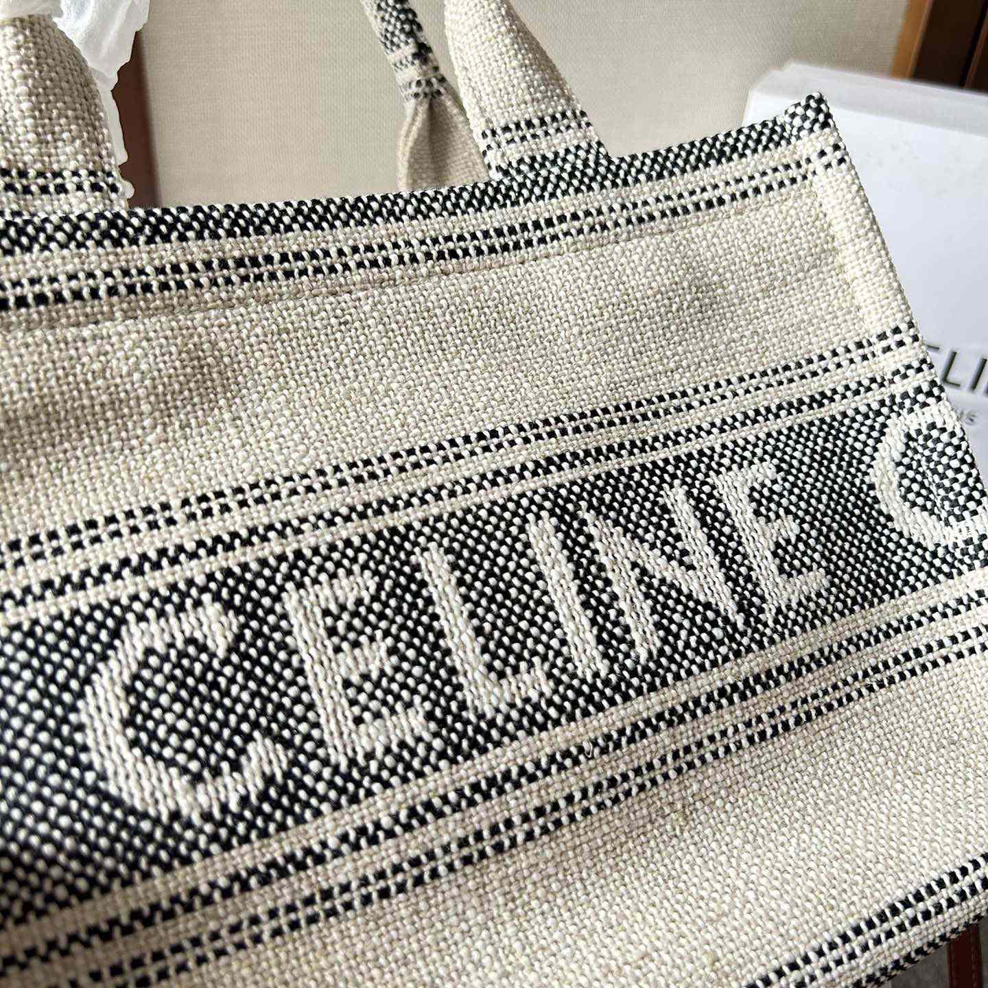 Celine Small Cabas Thais In Striped Textile With Celine jacquard White / Black  - DopestKickz