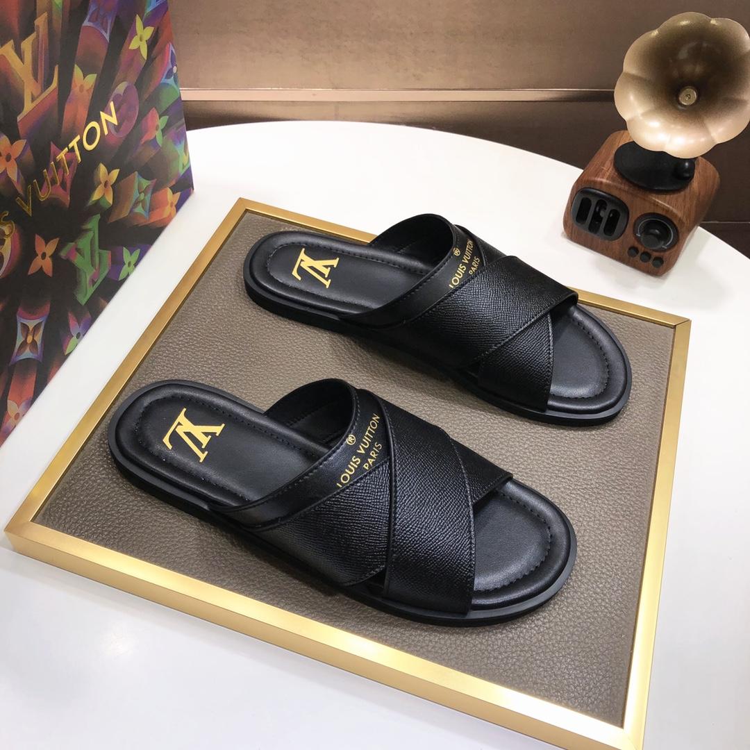 Louis Vuitton Black Leather Foch Cross Strap Flat Slides - DopestKickz