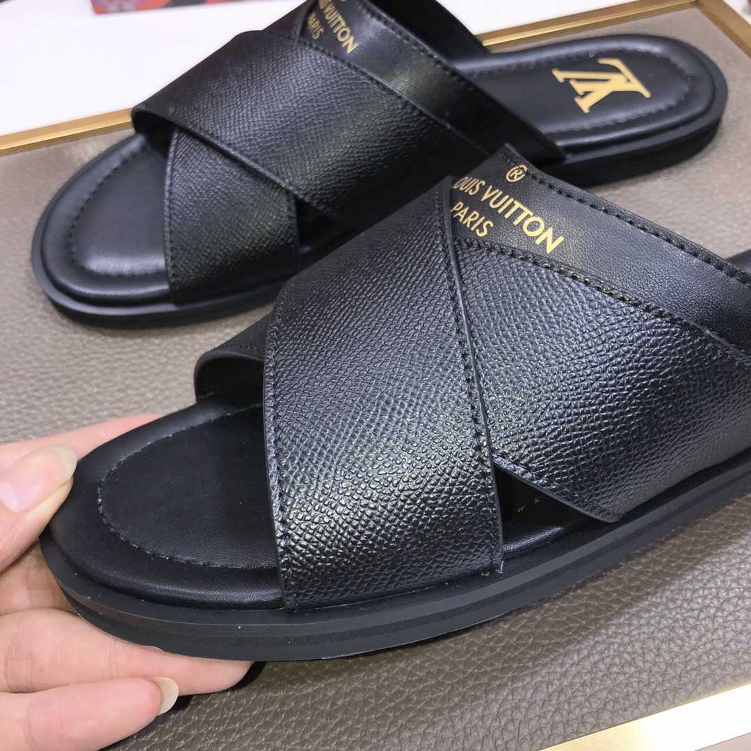 Louis Vuitton Black Leather Foch Cross Strap Flat Slides - DopestKickz