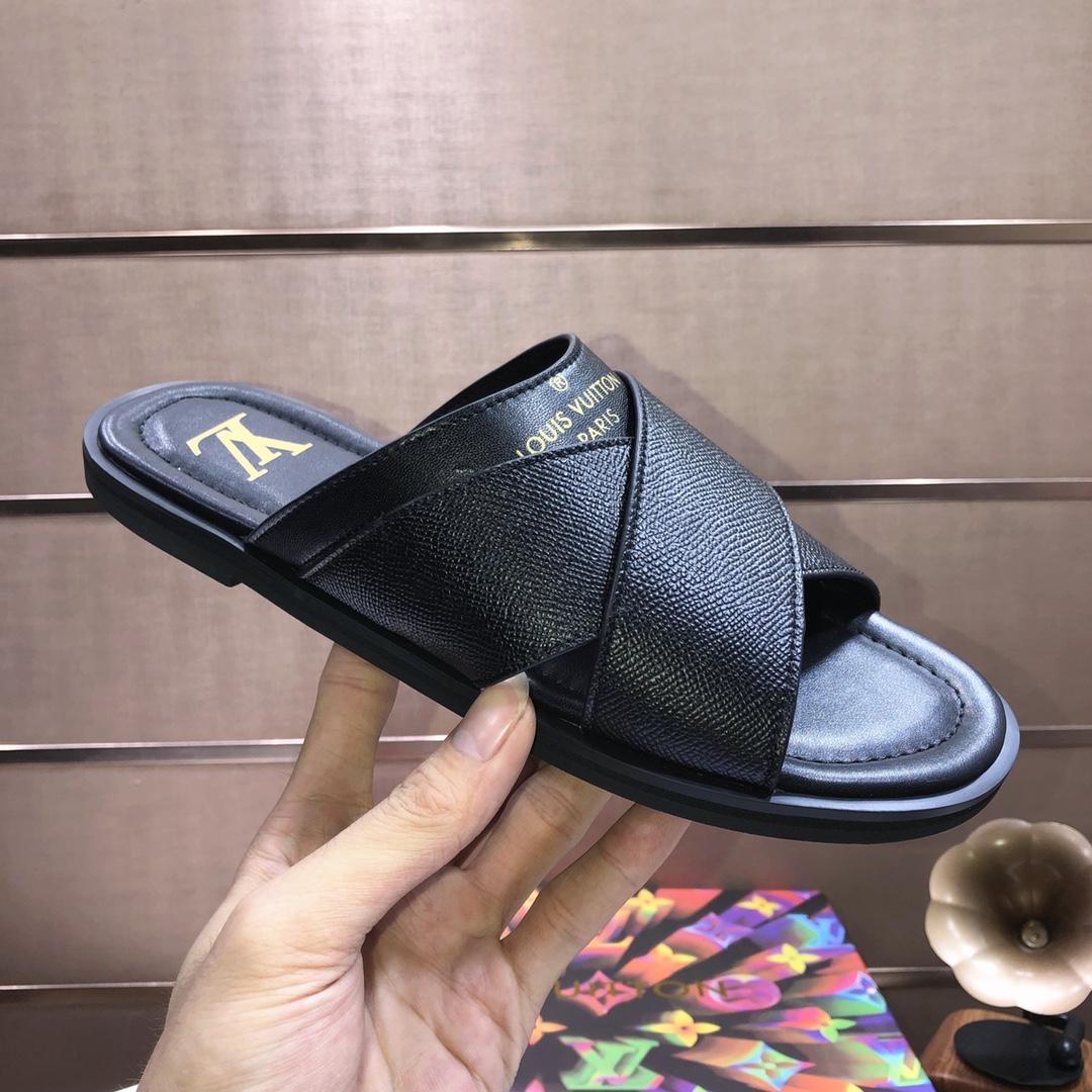 Louis Vuitton Black Leather Foch Cross Strap Flat Slides - DopestKickz
